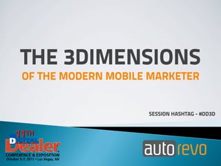 THE 3DIMENSIONS
OF THE MODERN MOBILE MARKETER


                    SESSION HASHTAG - #DD3D
 
