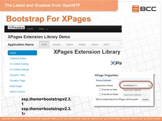 The Latest and Greatest from OpenNTF
Bootstrap For XPages
xsp.theme=bootstrapv2.3.
1
xsp.theme=bootstrapv2.3.
1r
 