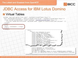 The Latest and Greatest from OpenNTF
JDBC Access for IBM Lotus Domino
Virtual Tables
 