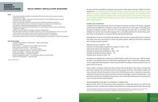 Tasks
	 • Plan and coordinate installations of photovoltaic (PV) solar and solar thermal systems to ensure
	 conformance to codes.
	 • Supervise solar installers, technicians, and subcontractors for solar installation projects to ensure
	 compliance with safety standards.
	 • Assess potential solar installation sites to determine feasibility and design requirements.
	 • Assess system performance or functionality at the system, subsystem, and component levels.
	 • Coordinate or schedule building inspections for solar installation projects.
	 • Monitor work of contractors and subcontractors to ensure projects conform to plans, specifications,
	 schedules, or budgets.
	 • Perform start-up of systems for testing or customer implementation.
	 • Provide technical assistance to installers, technicians, or other solar professionals in areas such as solar
	 electric systems, solar thermal systems, electrical systems, and mechanical systems.
	 • Visit customer sites to determine solar system needs, requirements, or specifications.
	 • Develop and maintain system architecture, including all piping, instrumentation, or process flow diagrams.
Tools & Technology
	 • Handheld refractometers or polarimeters — Digital refractometers
	 • Personal computers
	 • Pipe wrenches — Large pipe wrenches; Medium pipe wrenches
	 • Pitch measuring instruments — Inclinometers
	 • Portable data input terminals — Solar analysis systems
	 • Inventory management software — Inventory tracking software
	 • Office suite software — Microsoft Office software
	 • Presentation software — Microsoft PowerPoint
	 • Project management software — Cost estimating software; Microsoft Project
	 • Word processing software — Microsoft Word
*Source: O*NET OnLine  
green
ENERGY
occupation SOLAR ENERGY INSTALLATION MANAGERS
page 54
the green job titles identified by employers were positions where green work was “added to an exist-
ing job title.” Out of 590 green job titles listed, 530 were positions that previously existed and were
taking on new green responsibilities in addition to their other job functions. This illustrates the im-
portance of understanding the adaptive nature of the green economy, jobs and skills. There may be
more merging, transitioning and additions of green work to non-green job titles rather than new
distinct green positions.
Green Job Openings
Companies are hiring in green jobs, at least according to companies surveyed in this project. 590 green
job titles were identified from 510 green companies surveyed in the St. Louis region.1
According to the
510 green companies surveyed , there are 125 current openings for green jobs, as of October 2010.
Although this number may be rapidly changing, this is a compelling statement for need to find a work-
force that can fill positions in companies that are expanding and growing.
Although there are some current green job openings, there was also a large response from companies
that stated there were real barriers to hiring more green workers. Below are the barriers employers
feel to hiring more green workers:
Regional economic conditions – 70%
Customers not demanding enough for this product or service – 46%
Government policies and regulations – 34%
Shortage of workers with knowledge or skills – 17%
Shortage of available training programs – 7%
Training classes too full to enroll – 2%
Companies are adapting their businesses to fulfill the green model in their own ways. 94% of employ-
ers plan to use existing resources to fulfill their projected green needs. 6% percent of green compa-
nies surveyed stated that they plan to create new job titles for employees whose primary function is a
green product or service.
Close to 89% of employers stated that they currently have the workforce they need to manage their
green work, leaving 11% to state that they did not have enough workforce. When asked to explain the
reason they did not have the workforce they need to fulfill their green work, a majority of respondents
stated that they were a small business operation, had money shortages, or were on hiring freezes. Only
few referenced the lack of available trained workers, and similarly few referenced that they planned to
hire in the near future for these positions.
Relationships are key to finding a green job
Because of the nature of the economy, many employers are stating that they do not need to seek
applicants for jobs, and often have a pipeline of potential hires already waiting from other job openings
1
Companies that answered YES to at least one of these green screening questions were labeled a green company. Screen_1: As a business, do you provide a product or
service that directly does any of these things: conserve natural and energy resources, provide clean alternatives, reduce pollution and/or repurpose waste?
Screen _2: Is your business adopting principles of sustainability, or energy efficiency, or reducing green house gas emissions?
page 11
 