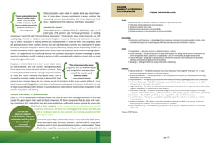 “Larger organizations have
internal training depart-
ments, but a lot of the
smaller companies don’t
have a training resource to
teach new techniques.”
— Green energy employer
“The local universities have
programs, but our high-level jobs
are competitive and draw from
around the country and
even the world.”
— Green agriculture employer
page 14
Tasks
	 • Rotate through all the tasks required in a particular production process.
	 • Determine work assignments and procedures.
	 • Shovel and sweep work areas.
	 • Operate heavy equipment such as forklifts.
	 • Provide assistance in the production of wiring assemblies.
Knowledge
	 • Production and Processing — Knowledge of raw materials, production processes, quality control, costs,
	 and other techniques for maximizing the effective manufacture and distribution of goods.
Skills
	 • Coordination — Adjusting actions in relation to others’ actions.
	 • Active Listening — Giving full attention to what other people are saying, taking time to understand the
	 points being made, asking questions as appropriate, and not interrupting at inappropriate times.
	 • Critical Thinking — Using logic and reasoning to identify the strengths and weaknesses of alternative
	 solutions, conclusions or approaches to problems.
	 • Speaking — Talking to others to convey information effectively.
Abilities
	 • Manual Dexterity — The ability to quickly move your hand, your hand together with your arm, or your
	 two hands to grasp, manipulate, or assemble objects.
	 • Oral Comprehension — The ability to listen to and understand information and ideas presented through
	 spoken words and sentences.
	 • Oral Expression — The ability to communicate information and ideas in speaking so others will understand.
	 • Arm-Hand Steadiness — The ability to keep your hand and arm steady while moving your arm or while
	 holding your arm and hand in one position.
	 • Finger Dexterity — The ability to make precisely coordinated movements of the fingers of one or both hands
	 to grasp, manipulate, or assemble very small objects.
	 • Information Ordering — The ability to arrange things or actions in a certain order or pattern according
	 to a specific rule or set of rules (e.g., patterns of numbers, letters, words, pictures, mathematical operations).
	 • Near Vision — The ability to see details at close range (within a few feet of the observer).
	 • Control Precision — The ability to quickly and repeatedly adjust the controls of a machine or a vehicle
	 to exact positions.
	 • Problem Sensitivity — The ability to tell when something is wrong or is likely to go wrong. It does not
	 involve solving the problem, only recognizing there is a problem.
	 • Deductive Reasoning — The ability to apply general rules to specific problems to produce answers that
	 make sense.
*Source: O*NET OnLine
green
manufacturing
occupation TEAM ASSEMBLERS
page 51
When employers were asked to explain what was most impor-
tant to them when hiring a candidate in a green position, the
resounding answers were (starting with most important) “soft
skills,” “experience in the industry,” and finally “education.”
Green Training
When asked where employers find the talent they need to fill
green jobs, 55% percent said “in-house promotion of existing
employees,” and 52% said “retrain existing employees.” These results show that companies are still
undergoing primarily an adaptive response to the green economy. Positions at companies are adapt-
ing to reflect increased or slightly altered job responsibilities in order to fulfill the company’s need
for green practices. There are less distinct and new job titles being formed that solely perform green
functions. However, employers believe that opportunities may exist to lessen the training burden on
smaller companies and/or organizations that do not have the resources for an internal training depart-
ment. The opportunity lies in offering training that provides participants general knowledge in green
practices, to offering specific training in technical skills associated with adapting current skills to meet
new, more green demands.
Employers believe that entry-level green talent exists
on the local level, and that current training institutions
have adequately prepared them for these positions. They
currently believe that there are enough displaced workers
to meet any future demand that would result from a
recovering economy and an increase in demand for their
products and services. Many do not actively recruit for positions at this level outside of the St. Louis
area. However, satisfying higher-level talent needs require widespread recruitment. Both local and out
of state universities are often utilized. In some industries, international relationships bring talent to the
area for education and training.
Green training partnerships
Close to 27% of our sampled employers stated that they do work with training institutions to find and
create the green talent they need for their companies. Of those companies that do work with train-
ing institutions, 81% stated that they feel these institutions sufficiently prepare people for green jobs
they have at their company. Across sectors, training institutions are viewed
positively when used, yet there is a training gap that can be met with the
73% of employers who do not currently use training providers to find
their green talent.
University and college partnerships exist in many sectors for both entry-
level and higher-level technical positions. Partnerships for entry-level
positions tend to focus on providing basic training and education. These
efforts often target the improvement of basic math and reading skills of
 