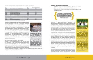 According to the Missouri Green Jobs report, salvage and remedia-
tion is an area that has a great deal of potential for job growth.
The recycling market has grown so substantially that a number
of businesses within this sector would not exist without the
customers who are looking for greener options. In the salvage
and remediation sector there has been, and continues to be, a
shift moving towards more sustainable processes. Because there
is more reported “shifting of processes and procedures,” there
is a strong emphasis on utilizing the existing workforce to fulfill
these needs. This has created opportunities for training on new
green procedures and safety related to those procedures. New
employment opportunities largely exist in research and design of
sustainable systems and will utilize individuals with an engineering
education and background.
Shifting from waste to recycling
Employers in this sector were hesitant to state that there would
be a large influx of new green positions in this field. Several
companies report that their work has changed from waste
management to recycling. Employers stated that in fact, other jobs
may be eliminated that were traditionally dealing with waste and
transitioned to the recycling processes. There is a great opportunity
to build a supply-chain in this sector as emphasis turns from waste to recycling, which creates new
end-products that can be used for a new market.
Hilex Poly Co, LLC
Located in St. Louis, Hilex Poly,
Co. is the largest closed loop
plastic bag recycling facility in
the world with several hundred
employees. Plastic bags are
turned back into resin pellets
and then back in to bags. More
than just plastic bags, Hilex Poly
Co. is able to make bags with
levels of post consumer con-
tent. Their commitment to more
sustainable packaging reduces
shopping carbon footprint and
preserves natural resources.
Green Salvage & Remediation | page 28
General skills employers seek:
	 • Soft skills – interpersonal relationship building, effective communication
	 • Team work – ability to work on large projects with a team
	 • Leadership skills – these skills are needed as employees progress through
	 management levels
Team work is a highly valued quality of applications in this
agriculture field. Employees in this field are often tasked with large-
scale team projects. Employers expressed that many traditional
education and training programs did not prepare job applicants
adequately enough for this type of team-based work. Employers
also stated a general lack of soft skills among scientists working in
this research field, and that these skills are still very important to
acquiring a position in emerging green agriculture field.
Leadership skills are needed among new and existing workers
in green agriculture. Workers are promoted for the success they
have working as individuals into leadership roles. As leaders, the
skills that made them successful as individual contributors often
are different than the skills needed for effective leadership and
management. Employers report that many degree programs
focus exclusively on science and technical skills, and neglect
teaching soft skills that would be beneficial for leadership. Some
larger organizations have created leadership programs to close this
skills gap, but many of the mid-size to small organizations do not
have internal training departments. There may be an opportunity
to serve these organizations by providing on-the-job training for
employees.
With heavy emphasis on specific science background, recruitment
for many positions in this sector often spans the globe. Relation-
ships with universities (national and international) are strongly
Emerging Leaders in
Science Program at
Monsanto
The Emerging Leaders in
Science Program at Monsanto
is a rotational program that
consists of three, one-year
rotational assignments within
selected strategic focus areas.
Following successful completion
of the three-year program,
participants are placed in a
key role within Monsanto’s
Technology Organization. This
program recruits top scientific
talent in advanced engineering/
bioenergy, biochemistry, bio-
informatics & computational
biology,chemistry,cropscience/
seed biology, entomology,
environmental sciences, genet-
ics, plant biology (physiology
or molecular), plant breeding,
plant pathology, statistical
genetics, toxicology/pharma-
cology, and weed science.
“Some people in this field have never
even seen a real farm. You need to know
how a real farm works to be effective in
this line of work. This type of education
needs to start young.”
— Green agriculture employer
Green Agriculture | page 37
 
