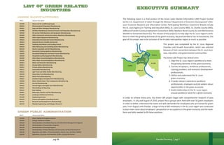 The following report is a final product of the Green Labor Market Information (LMI) Project funded
by the U.S. Department of Labor through the Missouri Department of Economic Development’s Mis-
souri Economic Research and Information Center. Participating Workforce Investment Boards include
the St. Louis Agency on Training and Education (MO), St. Louis County (MO), St. Charles County (MO),
Jefferson/Franklin County Employment Consortium (MO), Madison-Bond County (IL) and Mid America
Workforce Investment Board (IL). The mission of the project is to help align the St. Louis region’s work-
force to meet the growing demands of the green economy. Because workforce has no boundaries, the
goal of this project was to be inclusive of the bi-state metropolitan region as much as possible.
This project was completed by the St. Louis Regional
Chamber and Growth Association, which was selected
because of their connections between the St. Louis busi-
ness, education, and governmental communities.
The Green LMI Project has several aims:
	 1. Align the St. Louis region’s workforce to meet
	 the growing demands of the green economy;
	 2. Connect employers, workforce professionals,
	 training providers, and economic development
	 professionals;
	 3. Define and understand the St. Louis
	 green economy;
	 4. Provide relevant material to workforce
							 professionals, employers and job seekers about
							 opportunities in the green economy;
							 5. Build relationships in the St. Louis region
							 around workforce needs for a green economy.
In order to achieve these aims, the Green LMI project began with comprehensive research of area
employers. In July and August of 2010, project focus groups were held with over 50 green employers
in order to better understand the needs and skills demanded for employees who are trained for green
jobs. From August until October, a large survey of 665 employers in the St. Louis region was conducted
to learn even more about employers’ perspective on occupations in the green economy and the work-
force and skills needed to fill these positions.
Executive Summary
Executive Summary | page 1
NAICS Industry DescripƟon
221330 Steam and Air-condiƟoning Supply
325412 PharmaceuƟcal PreparaƟon Manufacturing
325611 Soap and Other Detergent Manufacturing
325998 All Other Miscellaneous Chemical Product and PreparaƟon Manufacturing
333132 Oil and Gas Field Machinery and Equipment Manufacturing
333319 Other Commercial and Service Industry Machinery Manufacturing
333618 Other Engine Equipment Manufacturing
334512 AutomaƟc Environmental Control Manufacturing
334513 Industrial Process Variable Instruments
334514 Totalizing Fluid Meters and CounƟng Devices
334519 Other Measuring and Controlling Device Manufacturing
335110 Electric Lamp Bulb and Part Manufacturing
335221 Household Cooking Appliance Manufacturing
335222 Household Refrigerator and Home Freezer Manufacturing
335224 Household Laundry Equipment Manufacturing
335228 Other Major Household Appliance Manufacturing
335228 Other Major Household Appliance Manufacturing
335312 Motor and Generator Manufacturing
335911 Storage BaƩery Manufacturing
335912 Primary BaƩery Manufacturing
336111 Automobile Manufacturing
336112 Light Truck and UƟlity Vehicle Manufacturing
336120 Heavy Duty Truck Manufacturing
336213 Motor Home Manufacturing
336312 Gasoline Engine and Engine Parts Manufacturing
336350 Motor Vehicle Power Train Components Manufacturing
336411 AircraŌ Manufacturing
336412 AircraŌ Engine and Engine Parts Manufacturing
336611 Ship Building and Repairing
336612 Boat Building
336991 Motorcycle, Bicycle, and Part Manufacturing
541320 Landscape Architectural Services
541330 Engineering Services
541614 Process and LogisƟcs ConsulƟng Services
541711 Research and Development in Biotechnology
541712 Physical, Engineering, and Biological Research
GREEN MANUFACTURING
NAICS Industry DescripƟon
221310 Water Supply and IrrigaƟon Systems
221320 Sewage Treatment FaciliƟes
924110 AdministraƟon of Air Water Resource and Solid Waste Management Programs
924120 AdministraƟon of ConservaƟon Programs
925110 AdministraƟon of Housing Programs
925120 AdministraƟon of Urban Planning and Community and Rural Development
926130 RegulaƟon and Admin. of CommunicaƟons, Electric, Gas, and Other UƟliƟes
926150 RegulaƟon, Licensing, and InspecƟon of Misc. Commercial Sectors
GREEN PUBLIC ADMINISTRATION
List of Green Related
Industries
page 64
 