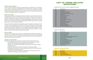 Green Economy Trends
The survey of 665 employers revealed that energy efficiency was important for their company’s
success. Half of all companies surveyed agreed with the statement that “the growth of the green
economy presents opportunities for growth for my company.” The business case for green is the most
important indicator of green adoption. If companies can save money or increase their sales of products
or services by going green, they are more likely to do so.
Green Job Trends
Green job opportunities are coming from positions that are taking on new green demands, rather than
completely new green jobs. Out of 590 green job titles listed in the survey, 530 were positions that
previously existed and were taking on new green responsibilities in addition to their other job
functions. This illustrates the importance of understanding the adaptive nature of the green economy,
jobs and skills. There may be more merging, transitioning and additions of green work to non-green
job titles rather than new distinct green positions.
However, these distinct new green jobs are expected to increase as the green economy grows. Accord-
ing to the survey of area employers, 125 job titles described as performing green work, were vacant
in October 2010. Although these positions, such as carpenters, electricians, project managers,
engineers and architects may be filling fast, it is still a reflection that green work is available in St. Louis.
They are filling fast because employers are currently finding the necessary workforce to fill these
positions, and that is often a pipeline of available, trained workers.
Skills Trends
Soft skills, such as integrity, honesty, initiative and professionalism were identified by employers as
critical for hiring. These soft skills are necessary to teach employees new skills, such as those needed
for green products and services. Many employers felt that green skills were useful and favorable; yet,
they were secondary to basic and soft skills.
Training Opportunities
Employers stated that there was an opportunity to expand training in these particular areas:
	 • Basic sustainability training is useful as employers look for employees, who can apply
	 basic skills like recycling and waste management without supervision.
	 • Soft skills such as promptness, professionalism, ability to learn are an important indicator
	 of employee success.
	 • Teamwork is often utilized in many of the companies that have green positions.
	 • Management skills are useful as many employees quickly advance from technical positions
	 to management and leadership positions.
	 • Safety training is useful and needed in most green positions. Employers stated a lack of
	 workers who were adequately trained in safety skills.
Executive Summary | page 2
NAICS Industry DescripƟon
325314 FerƟlizers (Mixing Only)
326212 Tire Retreading
423140 Motor Vehicle Parts (Used Wholesale)
423930 Recyclable Material Wholesalers
453310 Used Merchandise Stores (Excluding Pawn Shops)
541380 TesƟng Laboratories
541620 Environmental ConsulƟng services
562111 Solid Waste CollecƟon
562112 Hazardous Waste collecƟon
562119 Other Waste CollecƟon
562211 Hazardous Waste Treatment and Disposal
562212 Solid Waste Landﬁll
562213 Solid Waste Combustors and Incinerators
562219 Other Hazardous Waste Disposal
562910 RemediaƟon Services
562991 SepƟc Tank and Related Services
562920 Materials Recovery FaciliƟes
562998 Miscellaneous Waste Management Services
GREEN salvage and remediation
ccupaƟons ranked according to Missouri Economic Research & InformaƟon Center’s (MERIC), Missouri Career ExploraƟon Tool, Long-term occupaƟonal projecƟons.
hese projecƟons are based on occupaƟon’s job growth rate, total openings, and average wages relaƟve to other occupaƟons in the state.
workforce soluƟon was funded by a grant awarded by the U.S. Department of Labor’s Employment and Training AdministraƟon. The soluƟon was created by the grantee and
not necessarily reﬂect the oﬃcial posiƟon of the U.S. Department of Labor. The Department of Labor makes no guarantees, warranƟes, or assurances of any kind, express or
ed, with respect to such informaƟon, including any informaƟon on linked sites and including, but not limited to, accuracy of the informaƟon or its completeness,
liness,usefulness, adequacy, conƟnued availability, or ownership. This soluƟon is copyrighted by the insƟtuƟon that created it. Internal use by an organizaƟon and/or personal
by an individual for non-commercial purposes is permissible. All other uses require prior authorizaƟon of the copyright owner.
List of Green Related
Industries
NAICS Industry DescripƟon
221111 Hydroelectric Power GeneraƟon
221119 Other Electric Power GeneraƟon
221121 Electric Bulk Power Transmission
221122 Electric Power DistribuƟon
237130 Power & CommunicaƟon Line & Related Structures ConstrucƟon
237130 Power/CommunicaƟon System ConstrucƟon
311222 Soybean Processing
325193 Ethyl Alcohol Manufacturing
333611 Turbine Generator & Generator Set Units
333911 Pump & Pumping Equipment Manufacturing
334413 Semiconductor & Related Devices
335311 Electric Power & Specialty Transformers
335999 Miscellaneous Electrical Equipment
541330 Engineering Services
GREEN ENERGY
NAICS Industry DescripƟon
111000 Crop ProducƟon
112000 Animal ProducƟon
113000 Forestry and Logging
114000 Fishing, HunƟng, and Trapping
115000 Agriculture and Forestry Support AcƟviƟes
GREEN AGRICULTURE
page 63
 