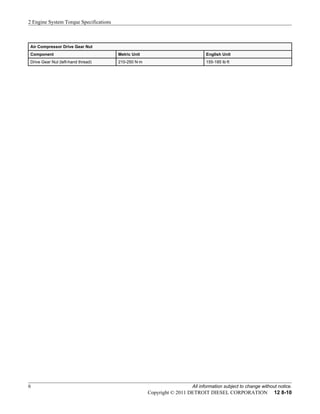 Air Compressor Drive Gear Nut
Component Metric Unit English Unit
Drive Gear Nut (left-hand thread) 210-250 N·m 155-185 lb·ft
2 Engine System Torque Specifications
6 All information subject to change without notice.
Copyright © 2011 DETROIT DIESEL CORPORATION 12 8-10
 