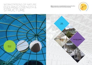 13 14
WORKSTATIONS OF NATURE
ENDURING STRENGTH &
STRUCTURE
Hives of worker bees are wonderfully light and strong, with uniform,
hexagonal cells that are used to store honey and lay egg.
MALLS
FOB
FACTORY SHEDS
 