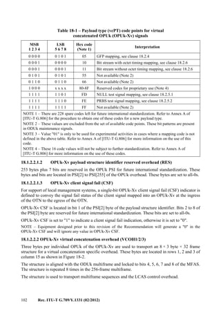 102 Rec. ITU-T G.709/Y.1331 (02/2012)
Table 18-1 – Payload type (vcPT) code points for virtual
concatenated OPUk (OPUk-Xv) signals
MSB
1 2 3 4
LSB
5 6 7 8
Hex code
(Note 1)
Interpretation
0 0 0 0 0 1 0 1 05 GFP mapping, see clause 18.2.4
0 0 0 1 0 0 0 0 10 Bit stream with octet timing mapping, see clause 18.2.6
0 0 0 1 0 0 0 1 11 Bit stream without octet timing mapping, see clause 18.2.6
0 1 0 1 0 1 0 1 55 Not available (Note 2)
0 1 1 0 0 1 1 0 66 Not available (Note 2)
1 0 0 0 x x x x 80-8F Reserved codes for proprietary use (Note 4)
1 1 1 1 1 1 0 1 FD NULL test signal mapping, see clause 18.2.5.1
1 1 1 1 1 1 1 0 FE PRBS test signal mapping, see clause 18.2.5.2
1 1 1 1 1 1 1 1 FF Not available (Note 2)
NOTE 1 – There are 228 spare codes left for future international standardization. Refer to Annex A of
[ITU-T G.806] for the procedure to obtain one of these codes for a new payload type.
NOTE 2 – These values are excluded from the set of available code points. These bit patterns are present
in ODUk maintenance signals.
NOTE 3 – Value "01" is only to be used for experimental activities in cases where a mapping code is not
defined in the above table. Refer to Annex A of [ITU-T G.806] for more information on the use of this
code.
NOTE 4 – These 16 code values will not be subject to further standardization. Refer to Annex A of
[ITU-T G.806] for more information on the use of these codes.
18.1.2.2.1.2 OPUk-Xv payload structure identifier reserved overhead (RES)
253 bytes plus 7 bits are reserved in the OPUk PSI for future international standardization. These
bytes and bits are located in PSI[2] to PSI[255] of the OPUk overhead. These bytes are set to all-0s.
18.1.2.2.1.3 OPUk-Xv client signal fail (CSF)
For support of local management systems, a single-bit OPUk-Xv client signal fail (CSF) indicator is
defined to convey the signal fail status of the client signal mapped into an OPUk-Xv at the ingress
of the OTN to the egress of the OTN.
OPUk-Xv CSF is located in bit 1 of the PSI[2] byte of the payload structure identifier. Bits 2 to 8 of
the PSI[2] byte are reserved for future international standardization. These bits are set to all-0s.
OPUk-Xv CSF is set to "1" to indicate a client signal fail indication, otherwise it is set to "0".
NOTE – Equipment designed prior to this revision of the Recommendation will generate a "0" in the
OPUk-Xv CSF and will ignore any value in OPUk-Xv CSF.
18.1.2.2.2 OPUk-Xv virtual concatenation overhead (VCOH1/2/3)
Three bytes per individual OPUk of the OPUk-Xv are used to transport an 8 × 3 byte × 32 frame
structure for a virtual concatenation specific overhead. These bytes are located in rows 1, 2 and 3 of
column 15 as shown in Figure 18-2.
The structure is aligned with the ODUk multiframe and locked to bits 4, 5, 6, 7 and 8 of the MFAS.
The structure is repeated 8 times in the 256-frame multiframe.
The structure is used to transport multiframe sequences and the LCAS control overhead.
 