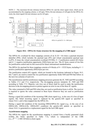 Rec. ITU-T G.709/Y.1331 (02/2012) 107
NOTE 2 – The maximum bit-rate tolerance between OPUk-16v and the client signal clock, which can be
accommodated by this mapping scheme, is ±65 ppm. With a bit-rate tolerance of ±20 ppm for the OPUk-16v
clock, the client signal's bit-rate tolerance can be ±45 ppm.
.......
G.709-Y.1331(12)_F18-6
....
X = 16
0
255
RES
PT (06)
vcPT1
JC JC JC JCJC JC JC JC
NJO
NJO
NJO
NJO
NJO
NJO
NJO
NJO
NJO
NJO
NJO
NJO
NJO
NJO
NJO
NJO
JC JC JC JCJC JC JC JCJC JC JC JC
JC JC JC JCJC JC JC JCJC JC JC JC
JC JC JC JCJC JC JC JCJC JC JC JC
PJO
PJO
PJO
PJO
PJO
PJO
PJO
PJO
PJO
PJO
PJO
PJO
PJO
PJO
PJO
PJO
14X+1
15X
15X+1
967X+5
1919X+9
2871X+13
15X+5
967X+9
1919X+13
2872X+1
3824X
1
2
3
4
Column
Row
PSI
PSI
OPUk-16v payload (4 X 3808 bytes)× ×
1 2 3 4 5 6 7 8
Reserved JCJC
VCOH
VCOH
JC JC JC JC
4 X
3808/4 bytes
× × 4 X
3808/4 bytes
× × 4 X
3808/4 bytes
× × 4 X
3808/4 bytes
× ×
PSI
OPUk-16v OH
Figure 18-6 – OPUk-16v frame structure for the mapping of a CBR signal
The OPUk-16v overhead for these mappings consists of an X (X = 16) times a payload structure
identifier (PSI), which includes the payload type (PT) and virtual concatenation payload type
(vcPT), X times the virtual concatenation overhead (VCOH), 4 × 3 justification control (JC) bytes
and 4 × 1 negative justification opportunity (NJO) bytes per row. The JC bytes consist of two bits
for justification control and six bits reserved for future international standardization.
The OPUk-16v payload for these mappings consists of 4 blocks of 4 × 15232 bytes, including 4 × 1
positive justification opportunity (PJO) bytes per row.
The justification control (JC) signals, which are located in the locations indicated in Figure 18-3,
bits 7 and 8, are used to control the two justification opportunity fields NJO and PJO that follow in
the next two columns of each row.
The asynchronous and bit-synchronous mapping processes generate the JC, NJO and PJO according
to Tables 17-1 and 17-2, respectively. The de-mapping process interprets JC, NJO and PJO
according to Table 17-3. Majority vote (two out of three) shall be used to make the justification
decision in the de-mapping process to protect against an error in one of the three JC signals.
The value contained in NJO and PJO when they are used as justification bytes is all-0s. The receiver
is required to ignore the value contained in these bytes whenever they are used as justification
bytes.
During a signal fail condition of the incoming CBR client signal (e.g., in the case of a loss of input
signal), this failed incoming signal is replaced by the generic-AIS signal as specified in
clause 16.6.1, and is then mapped into the OPUk-16v.
During a signal fail condition of the incoming ODUk/OPUk-16v signal (e.g., in the case of an
ODUk-AIS, ODUk-LCK, ODUk-OCI condition) the generic-AIS pattern as specified in
clause 16.6.1 is generated as a replacement signal for the lost CBR signal.
Asynchronous mapping
The OPUk-16v signal for the asynchronous mapping is created from a locally generated clock
(within the limits specified in Table 7-3), which is independent of the CBR
(i.e., 4(k+1)
× 2 488 320 kbit/s) client signal.
 