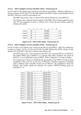 Rec. ITU-T G.709/Y.1331 (02/2012) 137
19.4.1.1 OPU2 multiplex structure identifier (MSI) – Payload type 20
For the 4 OPU2 2.5G tributary slots four bytes of the PSI are used (PSI[2] .. PSI[5]) as MSI bytes as
shown in Figures 19-14A and 19-15. The MSI indicates the ODTU content of each tributary slot of
the OPU2. One byte is used for each tributary slot.
– The ODTU type in bits 1 and 2 is fixed to 00 to indicate the presence of an ODTU12.
– The tributary port # indicates the port number of the ODU1 that is being transported in this
2.5G TS; the assignment of ports to tributary slots is fixed, the port number equals the
tributary slot number.
1 2 3 4 5 6 7 8
PSI[2] 00 00 0000 TS1
PSI[3] 00 00 0001 TS2
PSI[4] 00 00 0010 TS3
PSI[5] 00 00 0011 TS4
Figure 19-15 – OPU2-MSI coding – Payload type 20
19.4.1.2 OPU3 multiplex structure identifier (MSI) – Payload type 20
For the 16 OPU3 2.5G tributary slots 16 bytes of the PSI are used (PSI[2] .. PSI[17]) as MSI bytes
as shown in Figures 19-14A, 19-16A and 19-16B. The MSI indicates the ODTU content of each
tributary slot of the OPU3. One byte is used for each tributary slot.
– The ODTU type in bits 1 and 2 indicates if the OPU3 TS is carrying ODTU13 or ODTU23.
The default ODTU type is ODTU13; it is present when either a tributary slot carries an
ODTU13, or is not allocated to carry an ODTU. Refer to Appendix V for some examples.
– The tributary port # in bits 3 to 8 indicates the port number of the ODTU13/23 that is being
transported in this 2.5G TS; for the case of ODTU23, a flexible assignment of tributary
ports to tributary slots is possible, for the case of ODTU13, this assignment is fixed, the
tributary port number equals the tributary slot number. ODTU23 tributary ports are
numbered 1 to 4.
1 2 3 4 5 6 7 8
PSI[2] ODTU type Tributary Port # TS1
PSI[3] ODTU type Tributary Port # TS2
PSI[4] ODTU type Tributary Port # TS3
PSI[5] ODTU type Tributary Port # TS4
PSI[6] ODTU type Tributary Port # TS5
PSI[7] ODTU type Tributary Port # TS6
PSI[8] ODTU type Tributary Port # TS7
PSI[9] ODTU type Tributary Port # TS8
PSI[10] ODTU type Tributary Port # TS9
PSI[11] ODTU type Tributary Port # TS10
PSI[12] ODTU type Tributary Port # TS11
PSI[13] ODTU type Tributary Port # TS12
PSI[14] ODTU type Tributary Port # TS13
PSI[15] ODTU type Tributary Port # TS14
PSI[16] ODTU type Tributary Port # TS15
PSI[17] ODTU type Tributary Port # TS16
Figure 19-16A – OPU3-MSI coding – Payload type 20
 