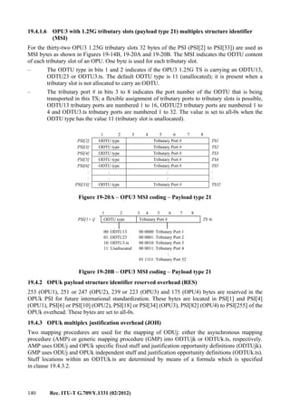 140 Rec. ITU-T G.709/Y.1331 (02/2012)
19.4.1.6 OPU3 with 1.25G tributary slots (payload type 21) multiplex structure identifier
(MSI)
For the thirty-two OPU3 1.25G tributary slots 32 bytes of the PSI (PSI[2] to PSI[33]) are used as
MSI bytes as shown in Figures 19-14B, 19-20A and 19-20B. The MSI indicates the ODTU content
of each tributary slot of an OPU. One byte is used for each tributary slot.
– The ODTU type in bits 1 and 2 indicates if the OPU3 1.25G TS is carrying an ODTU13,
ODTU23 or ODTU3.ts. The default ODTU type is 11 (unallocated); it is present when a
tributary slot is not allocated to carry an ODTU.
– The tributary port # in bits 3 to 8 indicates the port number of the ODTU that is being
transported in this TS; a flexible assignment of tributary ports to tributary slots is possible,
ODTU13 tributary ports are numbered 1 to 16, ODTU23 tributary ports are numbered 1 to
4 and ODTU3.ts tributary ports are numbered 1 to 32. The value is set to all-0s when the
ODTU type has the value 11 (tributary slot is unallocated).
1 2 3 4 5 6 7 8
PSI[2] ODTU type Tributary Port # TS1
PSI[3] ODTU type Tributary Port # TS2
PSI[4] ODTU type Tributary Port # TS3
PSI[5] ODTU type Tributary Port # TS4
PSI[6] ODTU type Tributary Port # TS5
: : : :
: : : :
PSI[33] ODTU type Tributary Port # TS32
Figure 19-20A – OPU3 MSI coding – Payload type 21
1 2 3 4 5 6 7 8
PSI[1+ i] ODTU type Tributary Port # TS #i
00: ODTU13
01: ODTU23
10: ODTU3.ts
11: Unallocated
00 0000: Tributary Port 1
00 0001: Tributary Port 2
00 0010: Tributary Port 3
00 0011: Tributary Port 4
:
01 1111: Tributary Port 32
Figure 19-20B – OPU3 MSI coding – Payload type 21
19.4.2 OPUk payload structure identifier reserved overhead (RES)
253 (OPU1), 251 or 247 (OPU2), 239 or 223 (OPU3) and 175 (OPU4) bytes are reserved in the
OPUk PSI for future international standardization. These bytes are located in PSI[1] and PSI[4]
(OPU1), PSI[6] or PSI[10] (OPU2), PSI[18] or PSI[34] (OPU3), PSI[82] (OPU4) to PSI[255] of the
OPUk overhead. These bytes are set to all-0s.
19.4.3 OPUk multiplex justification overhead (JOH)
Two mapping procedures are used for the mapping of ODUj: either the asynchronous mapping
procedure (AMP) or generic mapping procedure (GMP) into ODTUjk or ODTUk.ts, respectively.
AMP uses ODUj and OPUk specific fixed stuff and justification opportunity definitions (ODTUjk).
GMP uses ODUj and OPUk independent stuff and justification opportunity definitions (ODTUk.ts).
Stuff locations within an ODTUk.ts are determined by means of a formula which is specified
in clause 19.4.3.2.
 
