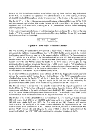 168 Rec. ITU-T G.709/Y.1331 (02/2012)
Each of the 66B blocks is encoded into a row of the 8-byte by 8-row structure. Any 66B control
blocks (CBi) are placed into the uppermost rows of the structure in the order received, while any
all-data 66B blocks (DBi) are placed into the lowermost rows of the structure in the order received.
The flag bit "F" is 1 if the 513B structure contains at least one 66B control block, and 0 if the 513B
structure contains eight all-data 66B blocks. Because the 66B control blocks are placed into the
uppermost rows of the 513B block, if the flag bit "F" is 1, then the first row will contain a mapping
of a 66B control block.
A 66B control block is encoded into a row of the structure shown in Figure B.3 as follows: the sync
header of "10" is removed. The byte representing the block type field (see Figure B.2) is replaced
by the structure shown in Figure B.4:
G.709-Y.1331(12)_FB.4
POSFC CB TYPE
Figure B.4 – 513B block's control block header
The byte indicating the control block type (one of 15 legal values) is translated into a 4-bit code
according to the rightmost column of Figure B.2. The 3-bit POS field is used to encode the position
in which this control block was received in the sequence of eight 66B blocks. The flag continuation
bit "FC" will be set to a 0 if this is the final 66B control block or PCS lane alignment marker
encoded in this 513B block, or to a 1 if one or more 66B control blocks or PCS lane alignment
markers follow this one. At the decoder, the flag bit for the 513B block as a whole, plus the flag
continuation bits in each row containing the mapping of a 66B control block or PCS lane alignment
marker will allow identification of those rows, which can then be restored to their original position
amongst any all-data 66B blocks at the egress according to the POS field. The remaining 7 bytes of
the row are filled with the last 7 bytes of the 66B control block.
An all-data 66B block is encoded into a row of the 513B block by dropping the sync header and
copying the remaining eight bytes into the row. If all eight rows of the 513B block are placements
of 66B all-data blocks, the flag bit "F" will be 0. If fewer than eight rows of the 513B block are
placements of 66B all-data blocks, they will appear at the end, and the row containing the
placement of the final 66B control block will have a flag continuation bit "FC" value of 0.
The decoder operates in the reverse of the encoder to reconstruct the original sequence of 66B
blocks. If flag bit "F" is 1, then 66B control blocks starting from the first row of the block are
reconstructed and placed in the position indicated by the POS field. This process continues through
all of the control blocks working downward from the top row. The final 66B control block placed
within the 513B block will be identified when the flag continuation bit "FC" is zero.
The structure of the 512B/513B code block is shown in Figure B.5. For example, if there is a single
64B/66B control block CB1 in a 512B/513B code block and it was originally located between
64B/66B data blocks DB2 and DB3, the first octet of the 64B character will contain
0.010.1101.CB1; the leading bit in the control octet of 0 indicates the flag continuation "FC" that
this 64B control block is the last one in the 512B/513B code block, the value of 010 indicates CB1's
position "POS" between DB2 and DB3, and the value of 1101 is a four-bit representation of the
control code's block type "CB TYPE" (of which the eight-bit original block type is 0x55).
 