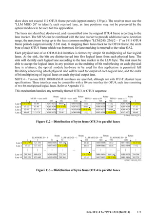 Rec. ITU-T G.709/Y.1331 (02/2012) 173
skew does not exceed 119 OTU4 frame periods (approximately 139 μs). The receiver must use the
"LLM MOD 20" to identify each received lane, as lane positions may not be preserved by the
optical modules to be used for this application.
The lanes are identified, de-skewed, and reassembled into the original OTU4 frame according to the
lane marker. The MFAS can be combined with the lane marker to provide additional skew detection
range, the maximum being up to the least common multiple "LCM(240, 256)/2 – 1" or 1919 OTU4
frame periods (approximately 2.241 ms). In mapping from lanes back to the OTU4 frame, the sixth
byte of each OTU4 frame which was borrowed for lane marking is restored to the value OA2.
Each physical lane of an OTM-0.4v4 interface is formed by simple bit multiplexing of five logical
lanes. At the sink, the bits are disinterleaved into five logical lanes from each physical lane. The
sink will identify each logical lane according to the lane marker in the LLM byte. The sink must be
able to accept the logical lanes in any position as the ordering of bit multiplexing on each physical
lane is arbitrary; the optical module hardware to be used for this application is permitted full
flexibility concerning which physical lane will be used for output of each logical lane, and the order
of bit multiplexing of logical lanes on each physical output lane.
NOTE 4 – Ten-lane IEEE 100GBASE-R interfaces are specified, although not with ITU-T physical layer
specifications. These interfaces may be compatible with a 10-lane interface for OTU4, each lane consisting
of two bit-multiplexed logical lanes. Refer to Appendix VII.
This mechanism handles any normally framed OTU3 or OTU4 sequence.
... ... ... ...
G.709-Y.1331(12)_FC.2
MFAS = xxxx xx00 MFAS = xxxx xx01 MFAS = xxxx xx10 MFAS = xxxx xx11
Rotate Rotate Rotate Rotate
Lane 0
Lane 1
Lane 2
Lane 3
1:16 (FAS) 65:80 16247:16272 16305:16320 16289:16304 16263:16288
16263:16288 16247:16272 16305:16320 16289:16304
16289:16304 16263:16288 16247:16272 16305:16320
16305:16320 16289:16304 16263:16288 16247:16272
49:64
1:16 (FAS)
1:16 (FAS)
1:16 (FAS)
1:16 (FAS)17:32 17:3281:86
17:32
17:32
33:48 33:48
33:48
33:48
97:112 17:32
49:64 49:64
49:64
49:64
113:128 33:48
1 2 255 256 510 511 765 766 1020 1
Figure C.2 – Distribution of bytes from OTU3 to parallel lanes
... ...
...
...
...
...
...
...
...
...
...
...... ...
G.709-Y.1331(12)_FC.3
LLM MOD 20 = 0 LLM MOD 20 = 1 LLM MOD 20 = 18 LLM MOD 20 = 19
Rotate Rotate Rotate Rotate
Lane 0
Lane 1
Lane 18
Lane 19
1:16 (FAS) 321:336 16001:16016 16033:16048 16017:16032
16017:16032 16049:16064 16033:16048
16289:16304 16001:16016 16305:16320
16305:16320 16017:16032 16001:16016
305:320
1:16 (FAS)
1:16 (FAS)
1:16 (FAS)
1:16 (FAS)17:32 17:32337:352
17:32
17:32
289:304 289:304
33:48
33:48
609:624 273:288
305:320 305:320
305:320
49:64
625:640 289:304
1 2 51 52 919 969 770 1020 1
Figure C.3 – Distribution of bytes from OTU4 to parallel lanes
 