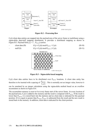 176 Rec. ITU-T G.709/Y.1331 (02/2012)
G.709-Y.1331(12)_FD.2
OH OH
OH OH
OH OH
Payload
area
Payload
area
Payload
area
Payload
area
Payload
area
Payload
area
Determine Cn
Insert C into OHn
Insert C
client data
n
Mapper De-mapper
Extract C from OHn
Extract C
client data
n
Figure D.2 – Processing flow
Cn(t) client data entities are mapped into the payload area of the server frame or multiframe using a
sigma-delta data/stuff mapping distribution. It provides a distributed mapping as shown in
Figure D.3. Payload field j (j = 1 .. Pserver) carries:
– client data (D) if (j × Cn(t)) mod Pserver < Cn(t) (D-10)
– stuff (S) if (j × Cn(t)) mod Pserver ≥ Cn(t). (D-11)
G.709-Y.1331(12)_FD.3
OH
Payload area
Client data
Stuff
Server frame or multiframe
Figure D.3 – Sigma-delta based mapping
Cn(t) client data entities have to be distributed over Pserver locations. A client data entity has
therefore to be inserted with a spacing of
)(tC
P
n
server . This is normally not an integer value, however it
can be emulated by an integer calculation using the sigma-delta method based on an overflow
accumulator as shown in Figure D.4.
The accumulator memory is reset to 0 at every frame start of the server frame. At every location of
the payload area, Cn(t) is added to the memory and the result is compared with Pserver. If the result is
lower than Pserver, it is stored back into the memory and no client data is indicated for this payload
position. If it is equal or greater than Pserver, Pserver is subtracted from the result and the new result is
stored back in the memory. In addition, client data is indicated for the client position.
 