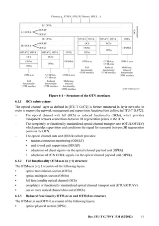 Rec. ITU-T G.709/Y.1331 (02/2012) 11
G.709-Y.1331(12)_F6-1
Clients (e.g., STM-N, ATM, IP, Ethernet, MPLS, ...)
HO OPUk
LO OPUk
ODUkP
ODUkP
ODUkT
ODUkT
HO ODUk
LO ODUk
OTUkV OTUk OTUkV OTUk OTUk
O hrC
OPSMnk
OPSn
OMSn
OTSn
OCh
OCh
substructure
OTM-n.m
OTM-n.m
OTM-0.m,
OTM-nr.m
OTM-0.m,
OTM-nr.m
Full
functionality
OTM interface
Full
functionality
OTM interface
Reduced
functionality
OTM interface
Reduced
functionality
OTM interface
OTM-0.mvn
OTM-0.mvn
Multi-lane,
reduced
functionality
OTM interface
Multi-lane,
reduced
functionality
OTM interface
OTUkV OTUk
OMSn
OTSn
OCh
OTUkV OTUk
O hrC
OPSn
OTUk
OPSMnk
Figure 6-1 − Structure of the OTN interfaces
6.1.1 OCh substructure
The optical channel layer as defined in [ITU-T G.872] is further structured in layer networks in
order to support the network management and supervision functionalities defined in [ITU-T G.872]:
– The optical channel with full (OCh) or reduced functionality (OChr), which provides
transparent network connections between 3R regeneration points in the OTN.
– The completely or functionally standardized optical channel transport unit (OTUk/OTUkV)
which provides supervision and conditions the signal for transport between 3R regeneration
points in the OTN.
– The optical channel data unit (ODUk) which provides:
• tandem connection monitoring (ODUkT)
• end-to-end path supervision (ODUkP)
• adaptation of client signals via the optical channel payload unit (OPUk)
• adaptation of OTN ODUk signals via the optical channel payload unit (OPUk).
6.1.2 Full functionality OTM-n.m (n ≥ 1) structure
The OTM-n.m (n ≥ 1) consists of the following layers:
• optical transmission section (OTSn)
• optical multiplex section (OMSn)
• full functionality optical channel (OCh)
• completely or functionally standardized optical channel transport unit (OTUk/OTUkV)
• one or more optical channel data unit (ODUk).
6.1.3 Reduced functionality OTM-nr.m and OTM-0.m structure
The OTM-nr.m and OTM-0.m consist of the following layers:
• optical physical section (OPSn)
 