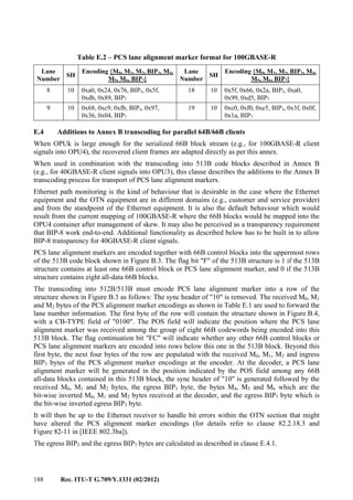 188 Rec. ITU-T G.709/Y.1331 (02/2012)
Table E.2 – PCS lane alignment marker format for 100GBASE-R
Lane
Number
SH
Encoding {M0, M1, M2, BIP3, M4,
M5, M6, BIP7}
Lane
Number
SH
Encoding {M0, M1, M2, BIP3, M4,
M5, M6, BIP7}
8 10 0xa0, 0x24, 0x76, BIP3, 0x5f,
0xdb, 0x89, BIP7
18 10 0x5f, 0x66, 0x2a, BIP3, 0xa0,
0x99, 0xd5, BIP7
9 10 0x68, 0xc9, 0xfb, BIP3, 0x97,
0x36, 0x04, BIP7
19 10 0xc0, 0xf0, 0xe5, BIP3, 0x3f, 0x0f,
0x1a, BIP7
E.4 Additions to Annex B transcoding for parallel 64B/66B clients
When OPUk is large enough for the serialized 66B block stream (e.g., for 100GBASE-R client
signals into OPU4), the recovered client frames are adapted directly as per this annex.
When used in combination with the transcoding into 513B code blocks described in Annex B
(e.g., for 40GBASE-R client signals into OPU3), this clause describes the additions to the Annex B
transcoding process for transport of PCS lane alignment markers.
Ethernet path monitoring is the kind of behaviour that is desirable in the case where the Ethernet
equipment and the OTN equipment are in different domains (e.g., customer and service provider)
and from the standpoint of the Ethernet equipment. It is also the default behaviour which would
result from the current mapping of 100GBASE-R where the 66B blocks would be mapped into the
OPU4 container after management of skew. It may also be perceived as a transparency requirement
that BIP-8 work end-to-end. Additional functionality as described below has to be built in to allow
BIP-8 transparency for 40GBASE-R client signals.
PCS lane alignment markers are encoded together with 66B control blocks into the uppermost rows
of the 513B code block shown in Figure B.3. The flag bit "F" of the 513B structure is 1 if the 513B
structure contains at least one 66B control block or PCS lane alignment marker, and 0 if the 513B
structure contains eight all-data 66B blocks.
The transcoding into 512B/513B must encode PCS lane alignment marker into a row of the
structure shown in Figure B.3 as follows: The sync header of "10" is removed. The received M0, M1
and M2 bytes of the PCS alignment marker encodings as shown in Table E.1 are used to forward the
lane number information. The first byte of the row will contain the structure shown in Figure B.4,
with a CB-TYPE field of "0100". The POS field will indicate the position where the PCS lane
alignment marker was received among the group of eight 66B codewords being encoded into this
513B block. The flag continuation bit "FC" will indicate whether any other 66B control blocks or
PCS lane alignment markers are encoded into rows below this one in the 513B block. Beyond this
first byte, the next four bytes of the row are populated with the received M0, M1, M2 and ingress
BIP3 bytes of the PCS alignment marker encodings at the encoder. At the decoder, a PCS lane
alignment marker will be generated in the position indicated by the POS field among any 66B
all-data blocks contained in this 513B block, the sync header of "10" is generated followed by the
received M0, M1 and M2 bytes, the egress BIP3 byte, the bytes M4, M5 and M6 which are the
bit-wise inverted M0, M1 and M2 bytes received at the decoder, and the egress BIP7 byte which is
the bit-wise inverted egress BIP3 byte.
It will then be up to the Ethernet receiver to handle bit errors within the OTN section that might
have altered the PCS alignment marker encodings (for details refer to clause 82.2.18.3 and
Figure 82-11 in [IEEE 802.3ba]).
The egress BIP3 and the egress BIP7 bytes are calculated as described in clause E.4.1.
 