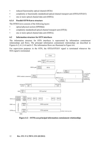 12 Rec. ITU-T G.709/Y.1331 (02/2012)
• reduced functionality optical channel (OChr)
• completely or functionally standardized optical channel transport unit (OTUk/OTUkV)
• one or more optical channel data unit (ODUk).
6.1.4 Parallel OTM-0.mvn structure
The OTM-0.mvn consists of the following layers:
• optical physical section (OPSMnk)
• completely standardized optical channel transport unit (OTUk)
• one or more optical channel data unit (ODUk).
6.2 Information structure for OTN interfaces
The information structure for OTN interfaces is represented by information containment
relationships and flows. The principal information containment relationships are described in
Figures 6-2, 6-3, 6-4 and 6-5. The information flows are illustrated in Figure 6-6.
For supervision purposes in the OTN, the OTUk/OTUkV signal is terminated whenever the
OCh signal is terminated.
......
G.709-Y.1331(12)_F6-2
...
Client
OPUk payloadOPUk
OH
OPUkODUk path
OPUk
ODUk
PMOH
ODUk
TCMOH
ODUk tandem connection
OTUk[V]
OH
OTUk[V]
FEC
OTUk[V]
section
ODUk
TCMOH
ODUk
TCMOHODUkTCL1
ODUk TC Lm
OCh payload
OCCp OCCpOCCpOCCp OCCp
OCh
OHOCh
OCG-n.m
OTM-n.m
OCCo
OCCo
OCCo
OCCo
OCCo
OMU-n.m OMSn payload
OTSn payload
OOS
OTSn
OH
OMSn
OH
OTMCOMMs
1 to 6 levels
of ODUk
tandem
connection
monitoring
Figure 6-2 – OTM-n.m principal information containment relationships
 