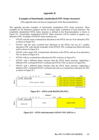 Rec. ITU-T G.709/Y.1331 (02/2012) 203
Appendix II
Examples of functionally standardized OTU frame structures
(This appendix does not form an integral part of this Recommendation.)
This appendix provides examples of functionally standardized OTU frame structures. These
examples are for illustrative purposes and by no means imply a definition of such structures. The
completely standardized OTUk frame structure as defined in this Recommendation is shown in
Figure II.1. Functionally standardized OTUkV frame structures will be needed to support, e.g.,
alternative FEC. Examples of OTUkV frame structures are:
• OTUkV with the same overhead byte allocation as the OTUk, but use of an alternative FEC
as shown in Figure II.2;
• OTUkV with the same overhead byte allocation as the OTUk, but use of a smaller,
alternative FEC code and the remainder of the OTUkV FEC overhead area filled with fixed
stuff as shown in Figure II.3;
• OTUkV with a larger FEC overhead byte allocation as the OTUk, and use of an alternative
FEC as shown in Figure II.4;
• OTUkV with no overhead byte allocation for FEC as shown in Figure II.5;
• OTUkV with a different frame structure than the OTUk frame structure, supporting a
different OTU overhead (OTUkV overhead and OTUkV FEC) as shown in Figure II.6;
• OTUkV with a different frame structure than the OTUk frame structure, supporting a
different OTU overhead (OTUkV overhead) and with no overhead byte allocation for FEC
as shown in Figure II.7.
....... .......
G.709-Y.1331(12)_FII.1
3825 408014 15 16 17
OTUk payload = ODUk
FA OH OTUk OH
1
1
2
3
4
3824
Column #
Row#
Row 1 RS (255, 239) FEC redundancy
Row 2 RS (255, 239) FEC redundancy
Row 3 RS (255, 239) FEC redundancy
Row 4 RS (255, 239) FEC redundancy
Figure II.1 − OTUk (with RS(255,239) FEC)
....... .......
G.709-Y.1331(12)_FII.2
3825 408014 15 16 17
ODUk OH
OPUk
FA OH OTUk OH
1
1
2
3
4
3824
Column #
Row#
OTUkV FEC
Figure II.2 − OTUk with alternative OTUkV FEC (OTUk-v)
 