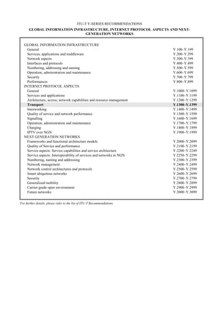 ITU-T Y-SERIES RECOMMENDATIONS
GLOBAL INFORMATION INFRASTRUCTURE, INTERNET PROTOCOL ASPECTS AND NEXT-
GENERATION NETWORKS
GLOBAL INFORMATION INFRASTRUCTURE
General Y.100–Y.199
Services, applications and middleware Y.200–Y.299
Network aspects Y.300–Y.399
Interfaces and protocols Y.400–Y.499
Numbering, addressing and naming Y.500–Y.599
Operation, administration and maintenance Y.600–Y.699
Security Y.700–Y.799
Performances Y.800–Y.899
INTERNET PROTOCOL ASPECTS
General Y.1000–Y.1099
Services and applications Y.1100–Y.1199
Architecture, access, network capabilities and resource management Y.1200–Y.1299
Transport Y.1300–Y.1399
Interworking Y.1400–Y.1499
Quality of service and network performance Y.1500–Y.1599
Signalling Y.1600–Y.1699
Operation, administration and maintenance Y.1700–Y.1799
Charging Y.1800–Y.1899
IPTV over NGN Y.1900–Y.1999
NEXT GENERATION NETWORKS
Frameworks and functional architecture models Y.2000–Y.2099
Quality of Service and performance Y.2100–Y.2199
Service aspects: Service capabilities and service architecture Y.2200–Y.2249
Service aspects: Interoperability of services and networks in NGN Y.2250–Y.2299
Numbering, naming and addressing Y.2300–Y.2399
Network management Y.2400–Y.2499
Network control architectures and protocols Y.2500–Y.2599
Smart ubiquitous networks Y.2600–Y.2699
Security Y.2700–Y.2799
Generalized mobility Y.2800–Y.2899
Carrier grade open environment Y.2900–Y.2999
Future networks Y.3000–Y.3099
For further details, please refer to the list of ITU-T Recommendations.
 