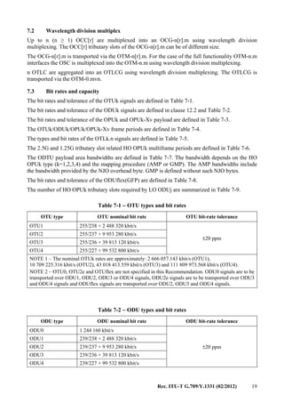 Rec. ITU-T G.709/Y.1331 (02/2012) 19
7.2 Wavelength division multiplex
Up to n (n ≥ 1) OCC[r] are multiplexed into an OCG-n[r].m using wavelength division
multiplexing. The OCC[r] tributary slots of the OCG-n[r].m can be of different size.
The OCG-n[r].m is transported via the OTM-n[r].m. For the case of the full functionality OTM-n.m
interfaces the OSC is multiplexed into the OTM-n.m using wavelength division multiplexing.
n OTLC are aggregated into an OTLCG using wavelength division multiplexing. The OTLCG is
transported via the OTM-0.mvn.
7.3 Bit rates and capacity
The bit rates and tolerance of the OTUk signals are defined in Table 7-1.
The bit rates and tolerance of the ODUk signals are defined in clause 12.2 and Table 7-2.
The bit rates and tolerance of the OPUk and OPUk-Xv payload are defined in Table 7-3.
The OTUk/ODUk/OPUk/OPUk-Xv frame periods are defined in Table 7-4.
The types and bit rates of the OTLk.n signals are defined in Table 7-5.
The 2.5G and 1.25G tributary slot related HO OPUk multiframe periods are defined in Table 7-6.
The ODTU payload area bandwidths are defined in Table 7-7. The bandwidth depends on the HO
OPUk type (k=1,2,3,4) and the mapping procedure (AMP or GMP). The AMP bandwidths include
the bandwidth provided by the NJO overhead byte. GMP is defined without such NJO bytes.
The bit rates and tolerance of the ODUflex(GFP) are defined in Table 7-8.
The number of HO OPUk tributary slots required by LO ODUj are summarized in Table 7-9.
Table 7-1 − OTU types and bit rates
OTU type OTU nominal bit rate OTU bit-rate tolerance
OTU1 255/238 × 2 488 320 kbit/s
±20 ppm
OTU2 255/237 × 9 953 280 kbit/s
OTU3 255/236 × 39 813 120 kbit/s
OTU4 255/227 × 99 532 800 kbit/s
NOTE 1 – The nominal OTUk rates are approximately: 2 666 057.143 kbit/s (OTU1),
10 709 225.316 kbit/s (OTU2), 43 018 413.559 kbit/s (OTU3) and 111 809 973.568 kbit/s (OTU4).
NOTE 2 – OTU0, OTU2e and OTUflex are not specified in this Recommendation. ODU0 signals are to be
transported over ODU1, ODU2, ODU3 or ODU4 signals, ODU2e signals are to be transported over ODU3
and ODU4 signals and ODUflex signals are transported over ODU2, ODU3 and ODU4 signals.
Table 7-2 − ODU types and bit rates
ODU type ODU nominal bit rate ODU bit-rate tolerance
ODU0 1 244 160 kbit/s
±20 ppm
ODU1 239/238 × 2 488 320 kbit/s
ODU2 239/237 × 9 953 280 kbit/s
ODU3 239/236 × 39 813 120 kbit/s
ODU4 239/227 × 99 532 800 kbit/s
 