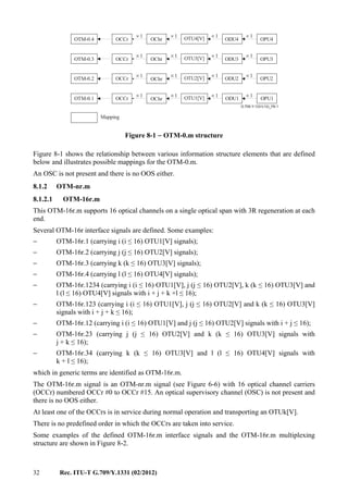 32 Rec. ITU-T G.709/Y.1331 (02/2012)
G.709-Y.1331(12)_F8-1
Mapping
OTM-0.4
OTM-0.3
OTM-0.2
OTM-0.1
OCCr
OCCr
OCCr
OCCr
OChr
OChr
OChr
OChr
× 1
× 1
× 1
× 1
OTU4[V]
OTU3[V]
OTU2[V]
OTU1[V]
ODU4
ODU3
ODU2
ODU1
OPU4
OPU3
OPU2
OPU1
× 1
× 1
× 1
× 1
× 1
× 1
× 1
× 1
× 1
× 1
× 1
× 1
Figure 8-1 − OTM-0.m structure
Figure 8-1 shows the relationship between various information structure elements that are defined
below and illustrates possible mappings for the OTM-0.m.
An OSC is not present and there is no OOS either.
8.1.2 OTM-nr.m
8.1.2.1 OTM-16r.m
This OTM-16r.m supports 16 optical channels on a single optical span with 3R regeneration at each
end.
Several OTM-16r interface signals are defined. Some examples:
− OTM-16r.1 (carrying i (i ≤ 16) OTU1[V] signals);
− OTM-16r.2 (carrying j (j ≤ 16) OTU2[V] signals);
− OTM-16r.3 (carrying k (k ≤ 16) OTU3[V] signals);
− OTM-16r.4 (carrying l (l ≤ 16) OTU4[V] signals);
− OTM-16r.1234 (carrying i (i ≤ 16) OTU1[V], j (j ≤ 16) OTU2[V], k (k ≤ 16) OTU3[V] and
l (l ≤ 16) OTU4[V] signals with i + j + k +l ≤ 16);
− OTM-16r.123 (carrying i (i ≤ 16) OTU1[V], j (j ≤ 16) OTU2[V] and k (k ≤ 16) OTU3[V]
signals with i + j + k ≤ 16);
− OTM-16r.12 (carrying i (i ≤ 16) OTU1[V] and j (j ≤ 16) OTU2[V] signals with i + j ≤ 16);
− OTM-16r.23 (carrying j (j ≤ 16) OTU2[V] and k (k ≤ 16) OTU3[V] signals with
j + k ≤ 16);
− OTM-16r.34 (carrying k (k ≤ 16) OTU3[V] and l (l ≤ 16) OTU4[V] signals with
k + l ≤ 16);
which in generic terms are identified as OTM-16r.m.
The OTM-16r.m signal is an OTM-nr.m signal (see Figure 6-6) with 16 optical channel carriers
(OCCr) numbered OCCr #0 to OCCr #15. An optical supervisory channel (OSC) is not present and
there is no OOS either.
At least one of the OCCrs is in service during normal operation and transporting an OTUk[V].
There is no predefined order in which the OCCrs are taken into service.
Some examples of the defined OTM-16r.m interface signals and the OTM-16r.m multiplexing
structure are shown in Figure 8-2.
 