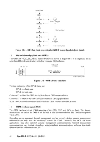 42 Rec. ITU-T G.709/Y.1331 (02/2012)
G.709-Y.1331(12)_F12-3
Packet client
GFP-F
up to 100 ppm±
OPUflex
ODUflex
GMP
ODTUk.ts
HO OPUk
HO ODUk
OTUk
± 20 ppm
May be related
Figure 12-3 – ODUflex clock generation for GFP-F mapped packet client signals
13 Optical channel payload unit (OPUk)
The OPUk (k = 0,1,2,2e,3,4,flex) frame structure is shown in Figure 13-1. It is organized in an
octet-based block frame structure with four rows and 3810 columns.
G.709-Y.1331(12)_F13-1
.......16 1715
1
2
3
4
3824
OPUk payload area
(4 3808 bytes)×
OPUk
overhead
area
Row#
Column #
Figure 13-1 − OPUk frame structure
The two main areas of the OPUk frame are:
• OPUk overhead area
• OPUk payload area.
Columns 15 to 16 of the OPUk are dedicated to an OPUk overhead area.
Columns 17 to 3824 of the OPUk are dedicated to an OPUk payload area.
NOTE – OPUk column numbers are derived from the OPUk columns in the ODUk frame.
14 OTM overhead signal (OOS)
The OTM overhead signal (OOS) consists of the OTS, OMS and OCh overhead. The format,
structure and bit rate of the OOS is not defined in this Recommendation. The OOS is transported
via an OSC.
Depending on an operator's logical management overlay network design, general management
communications may also be transported within the OOS. Therefore, the OOS for some
applications may also transport general management communications. General management
communications may include signalling, voice/voiceband communications, software download,
operator-specific communications, etc.
 