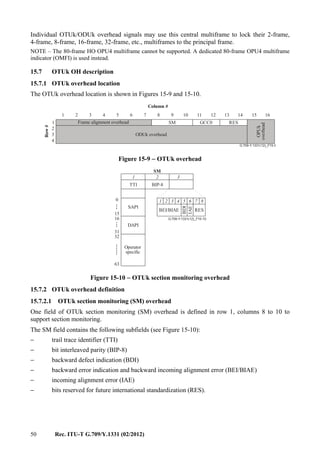 50 Rec. ITU-T G.709/Y.1331 (02/2012)
Individual OTUk/ODUk overhead signals may use this central multiframe to lock their 2-frame,
4-frame, 8-frame, 16-frame, 32-frame, etc., multiframes to the principal frame.
NOTE – The 80-frame HO OPU4 multiframe cannot be supported. A dedicated 80-frame OPU4 multiframe
indicator (OMFI) is used instead.
15.7 OTUk OH description
15.7.1 OTUk overhead location
The OTUk overhead location is shown in Figures 15-9 and 15-10.
G.709-Y.1331(12)_F15-9
1 2 3 4 5 6 7 8 9 10 11 12 13 14 15 16
1
2
3
4
Row#
ODUk overhead
OPUk
overhead
Column #
Frame alignment overhead RESGCC0SM
Figure 15-9 − OTUk overhead
G.709-Y.1331(12)_F15-10
............
Operator
specific
TTI BIP-8
BEI/BIAE
BDI
RES
1 2 3 4 5 6 7 8
1 2 3
SM
IAE
63
32
0
15
16
31
SAPI
DAPI
Figure 15-10 − OTUk section monitoring overhead
15.7.2 OTUk overhead definition
15.7.2.1 OTUk section monitoring (SM) overhead
One field of OTUk section monitoring (SM) overhead is defined in row 1, columns 8 to 10 to
support section monitoring.
The SM field contains the following subfields (see Figure 15-10):
− trail trace identifier (TTI)
− bit interleaved parity (BIP-8)
− backward defect indication (BDI)
− backward error indication and backward incoming alignment error (BEI/BIAE)
− incoming alignment error (IAE)
− bits reserved for future international standardization (RES).
 