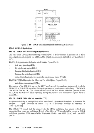 54 Rec. ITU-T G.709/Y.1331 (02/2012)
............ Operator
specific
TTIi BIP-8i
BEIi/BIAEi
BDIi
STATi
1 2 3 4 5 6 7 8
1 2 3
TCMi
63
32
0
15
16
31
SAPI
DAPI
DMt1
DMt2
DMt3
DMt4
DMt5
DMt6
1 2 3 4 5 6 7 8
PM and TCM
G.709-Y.1331(12)_F15-14
Figure 15-14 − ODUk tandem connection monitoring #i overhead
15.8.2 ODUk OH definition
15.8.2.1 ODUk path monitoring (PM) overhead
One field of an ODUk path monitoring overhead (PM) is defined in row 3, columns 10 to 12 to
support path monitoring and one additional bit of path monitoring is defined in row 2, column 3,
bit 7.
The PM field contains the following subfields (see Figure 15-13):
− trail trace identifier (TTI)
− bit interleaved parity (BIP-8)
− backward defect indication (BDI)
− backward error indication (BEI)
− status bits indicating the presence of a maintenance signal (STAT).
The PM&TCM field contains the following PM subfield (see Figure 15-13):
− path delay measurement (DMp).
The content of the PM field, except the STAT subfield, will be undefined (pattern will be all-1s,
0110 0110 or 0101 0101 repeating) during the presence of a maintenance signal (e.g., ODUk-AIS,
ODUk-OCI, ODUk-LCK). The content of the PM&TCM field will be undefined (pattern will be
all-1s, 0110 0110 or 0101 0101 repeating) during the presence of a maintenance signal. Refer to
clause 16.5.
15.8.2.1.1 ODUk PM trail trace identifier (TTI)
For path monitoring, a one-byte trail trace identifier (TTI) overhead is defined to transport the
64-byte TTI signal specified in clause 15.2 or a discovery message as specified in
[ITU-T G.7714.1].
The 64-byte TTI signal shall be aligned with the ODUk multiframe (see clause 15.6.2.2) and
transmitted four times per multiframe. Byte 0 of the 64-byte TTI signal shall be present at ODUk
multiframe positions 0000 0000 (0x00), 0100 0000 (0x40), 1000 0000 (0x80) and 1100 0000
(0xC0).
 