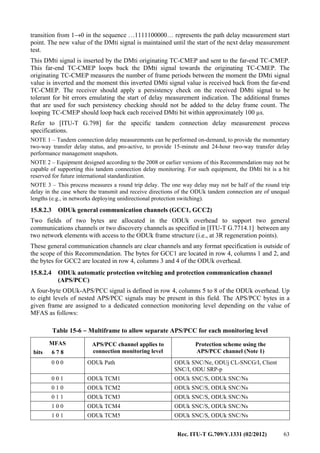 Rec. ITU-T G.709/Y.1331 (02/2012) 63
transition from 1→0 in the sequence …1111100000… represents the path delay measurement start
point. The new value of the DMti signal is maintained until the start of the next delay measurement
test.
This DMti signal is inserted by the DMti originating TC-CMEP and sent to the far-end TC-CMEP.
This far-end TC-CMEP loops back the DMti signal towards the originating TC-CMEP. The
originating TC-CMEP measures the number of frame periods between the moment the DMti signal
value is inverted and the moment this inverted DMti signal value is received back from the far-end
TC-CMEP. The receiver should apply a persistency check on the received DMti signal to be
tolerant for bit errors emulating the start of delay measurement indication. The additional frames
that are used for such persistency checking should not be added to the delay frame count. The
looping TC-CMEP should loop back each received DMti bit within approximately 100 µs.
Refer to [ITU-T G.798] for the specific tandem connection delay measurement process
specifications.
NOTE 1 – Tandem connection delay measurements can be performed on-demand, to provide the momentary
two-way transfer delay status, and pro-active, to provide 15-minute and 24-hour two-way transfer delay
performance management snapshots.
NOTE 2 – Equipment designed according to the 2008 or earlier versions of this Recommendation may not be
capable of supporting this tandem connection delay monitoring. For such equipment, the DMti bit is a bit
reserved for future international standardization.
NOTE 3 – This process measures a round trip delay. The one way delay may not be half of the round trip
delay in the case where the transmit and receive directions of the ODUk tandem connection are of unequal
lengths (e.g., in networks deploying unidirectional protection switching).
15.8.2.3 ODUk general communication channels (GCC1, GCC2)
Two fields of two bytes are allocated in the ODUk overhead to support two general
communications channels or two discovery channels as specified in [ITU-T G.7714.1] between any
two network elements with access to the ODUk frame structure (i.e., at 3R regeneration points).
These general communication channels are clear channels and any format specification is outside of
the scope of this Recommendation. The bytes for GCC1 are located in row 4, columns 1 and 2, and
the bytes for GCC2 are located in row 4, columns 3 and 4 of the ODUk overhead.
15.8.2.4 ODUk automatic protection switching and protection communication channel
(APS/PCC)
A four-byte ODUk-APS/PCC signal is defined in row 4, columns 5 to 8 of the ODUk overhead. Up
to eight levels of nested APS/PCC signals may be present in this field. The APS/PCC bytes in a
given frame are assigned to a dedicated connection monitoring level depending on the value of
MFAS as follows:
Table 15-6 − Multiframe to allow separate APS/PCC for each monitoring level
MFAS
bits 6 7 8
APS/PCC channel applies to
connection monitoring level
Protection scheme using the
APS/PCC channel (Note 1)
0 0 0 ODUk Path ODUk SNC/Ne, ODUj CL-SNCG/I, Client
SNC/I, ODU SRP-p
0 0 1 ODUk TCM1 ODUk SNC/S, ODUk SNC/Ns
0 1 0 ODUk TCM2 ODUk SNC/S, ODUk SNC/Ns
0 1 1 ODUk TCM3 ODUk SNC/S, ODUk SNC/Ns
1 0 0 ODUk TCM4 ODUk SNC/S, ODUk SNC/Ns
1 0 1 ODUk TCM5 ODUk SNC/S, ODUk SNC/Ns
 