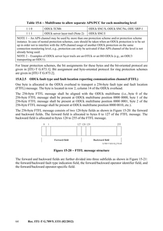 64 Rec. ITU-T G.709/Y.1331 (02/2012)
Table 15-6 − Multiframe to allow separate APS/PCC for each monitoring level
1 1 0 ODUk TCM6 ODUk SNC/S, ODUk SNC/Ns, ODU SRP-1
1 1 1 ODUk server layer trail (Note 2) ODUk SNC/I
NOTE 1 – An APS channel may be used by more than one protection scheme and/or protection scheme
instance. In case of nested protection schemes, care should be taken when an ODUk protection is to be set
up in order not to interfere with the APS channel usage of another ODUk protection on the same
connection monitoring level, e.g., protection can only be activated if that APS channel of the level is not
already being used.
NOTE 2 – Examples of ODUk server layer trails are an OTUk or an HO ODUk (e.g., an ODU3
transporting an ODU1).
For linear protection schemes, the bit assignments for these bytes and the bit-oriented protocol are
given in [ITU-T G.873.1]. Bit assignment and byte-oriented protocol for ring protection schemes
are given in [ITU-T G.873.2].
15.8.2.5 ODUk fault type and fault location reporting communication channel (FTFL)
One byte is allocated in the ODUk overhead to transport a 256-byte fault type and fault location
(FTFL) message. The byte is located in row 2, column 14 of the ODUk overhead.
The 256-byte FTFL message shall be aligned with the ODUk multiframe (i.e., byte 0 of the
256-byte FTFL message shall be present at ODUk multiframe position 0000 0000, byte 1 of the
256-byte FTFL message shall be present at ODUk multiframe position 0000 0001, byte 2 of the
256-byte FTFL message shall be present at ODUk multiframe position 0000 0010, etc.).
The 256-byte FTFL message consists of two 128-byte fields as shown in Figure 15-20: the forward
and backward fields. The forward field is allocated to bytes 0 to 127 of the FTFL message. The
backward field is allocated to bytes 128 to 255 of the FTFL message.
G.709-Y.1331(12)_F15-20
Forward field Backward field
0 1 127 128 129 255
Figure 15-20 − FTFL message structure
The forward and backward fields are further divided into three subfields as shown in Figure 15-21:
the forward/backward fault type indication field, the forward/backward operator identifier field, and
the forward/backward operator-specific field.
 