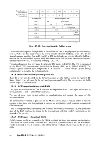 66 Rec. ITU-T G.709/Y.1331 (02/2012)
G.709-Y.1331(12)_F15-22
Country code National segment code
NUL padding
NUL padding
NUL padding
NUL padding
Byte allocation in
backward field
Byte allocation in
forward field
NUL
NUL
padding
129 130 131 132 133 134 135 136 137
1 2 3 4 5 6 7 8 9
G/PCC ICC
G/PCC ICC
G/PCC ICC
G/PCC ICC
G/PCC ICC
G/PCC ICC
Figure 15-22 − Operator identifier field structure
The international segment field provides a three-character ISO 3166 geographic/political country
code (G/PCC). The first three bytes of the 9-byte operator identifier field (i.e., bytes 1 to 3 for the
forward operator identifier field and bytes 129 to 131 for the backward operator identifier field) are
reserved for the international segment field. The country code shall be based on the three-character
uppercase alphabetic ISO 3166 country code (e.g., USA, FRA).
The national segment field provides a 1-6 character ITU carrier code (ICC). The ICC is maintained
by the ITU-T Telecommunication Standardization Bureau (TSB) as per [ITU-T M.1400]. The
national segment field is 6 bytes and provides a 1-6 character ITU carrier code (ICC) with trailing
null characters to complete the 6-character field.
15.8.2.5.3 Forward/backward operator-specific field
Bytes 10 to 127 are allocated for the forward operator-specific field as shown in Figure 15-21.
Bytes 138 to 255 are allocated for the backward operator-specific field. The operator-specific fields
are not subject to standardization.
15.8.2.6 ODUk experimental overhead (EXP)
Two bytes are allocated in the ODUk overhead for experimental use. These bytes are located in
row 3, columns 13 and 14 of the ODUk overhead.
The use of these bytes is not subject to standardization and outside the scope of this
Recommendation.
An experimental overhead is provided in the ODUk OH to allow a vendor and/or a network
operator within their own (sub)network to support an application, which requires an additional
ODUk overhead.
There is no requirement to forward the EXP overhead beyond the (sub)network; i.e., the operational
span of the EXP overhead is limited to the (sub)network with the vendor's equipment, or the
network of the operator.
15.8.2.7 ODUk reserved overhead (RES)
Eight bytes and one bit are reserved in the ODUk overhead for future international standardization.
These bytes are located in row 2, columns 1 to 2 and row 4, columns 9 to 14 of the ODUk overhead.
The bit is located in row 2, column 3, bit 8 of the ODUk overhead. These bytes and bit are set to
all-0s.
 