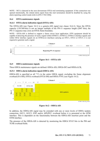Rec. ITU-T G.709/Y.1331 (02/2012) 71
NOTE – OCI is detected at the next downstream OTUk trail terminating equipment. If the connection was
opened intentionally, the related alarm report from this trail termination should be disabled by using the
alarm reporting control mode (refer to [ITU-T M.3100]).
16.4 OTUk maintenance signals
16.4.1 OTUk alarm indication signal (OTUk-AIS)
The OTUk-AIS (see Figure 16-1) is a generic-AIS signal (see clause 16.6.1). Since the OTUk
capacity (130 560 bits) is not an integer multiple of the PN-11 sequence length (2047 bits), the
PN-11 sequence may cross an OTUk frame boundary.
NOTE – OTUk-AIS is defined to support a future server layer application. OTN equipment should be
capable of detecting the presence of such a signal within OTM-0.1, OTM-0.2, OTM-0.3 interface signals and
within OChr interface signals (in an OTM-nr.m interface) carrying an OTU1, OTU2 or OTU3; it is not
required to generate such a signal.
.............. .......
G.709-Y.1331(12)_F16-1
Row#
Column #
3825 408014 151
1
2
3
4
3824
Repeating PN-11 sequence
Figure 16-1 − OTUk-AIS
16.5 ODUk maintenance signals
Three ODUk maintenance signals are defined: ODUk-AIS, ODUk-OCI and ODUk-LCK.
16.5.1 ODUk alarm indication signal (ODUk-AIS)
ODUk-AIS is specified as all "1"s in the entire ODUk signal, excluding the frame alignment
overhead (FA OH), OTUk overhead (OTUk OH) and ODUk FTFL (see Figure 16-2).
...............
Row#
G.709-Y.1331(12)_F16-2
1487 17
FA OH OTUk OH
1
1
2
3
4
3824
Column #
All-1s pattern
FTFL
STAT
STAT
STAT
STAT
STAT
STAT
STAT
Figure 16-2 − ODUk-AIS
In addition, the ODUk-AIS signal may be extended with one or more levels of ODUk tandem
connection, GCC1, GCC2, EXP and/or APS/PCC overhead before it is presented at the OTM
interface. This is dependent on the functionality between the ODUk-AIS insertion point and the
OTM interface.
The presence of the ODUk-AIS is detected by monitoring the ODUk STAT bits in the PM and
TCMi overhead fields.
 