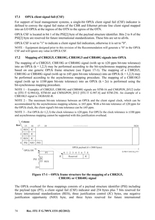 74 Rec. ITU-T G.709/Y.1331 (02/2012)
17.1 OPUk client signal fail (CSF)
For support of local management systems, a single-bit OPUk client signal fail (CSF) indicator is
defined to convey the signal fail status of the CBR and Ethernet private line client signal mapped
into an LO OPUk at the ingress of the OTN to the egress of the OTN.
OPUk CSF is located in bit 1 of the PSI[2] byte of the payload structure identifier. Bits 2 to 8 of the
PSI[2] byte are reserved for future international standardization. These bits are set to all-0s.
OPUk CSF is set to "1" to indicate a client signal fail indication, otherwise it is set to "0".
NOTE – Equipment designed prior to this revision of the Recommendation will generate a "0" in the OPUk
CSF and will ignore any value in OPUk CSF.
17.2 Mapping of CBR2G5, CBR10G, CBR10G3 and CBR40G signals into OPUk
The mapping of a CBR2G5, CBR10G or CBR40G signal (with up to ±20 ppm bit-rate tolerance)
into an OPUk (k = 1,2,3) may be performed according to the bit-synchronous mapping procedure
based on one generic OPUk frame structure (see Figure 17-1). The mapping of a CBR2G5,
CBR10G or CBR40G signal (with up to ±45 ppm bit-rate tolerance) into an OPUk (k = 1,2,3) may
be performed according to the asynchronous mapping procedure. The mapping of a CBR10G3
signal (with up to ±100 ppm bit-rate tolerance) into an OPUk (k = 2e) is performed using the
bit-synchronous mapping procedure.
NOTE 1 – Examples of CBR2G5, CBR10G and CBR40G signals are STM-16 and CMGPON_D/U2 (refer
to [ITU-T G.984.6]), STM-64 and CMXGPON_D/U2 [ITU-T G.987.4] and STM-256. An example of a
CBR10G3 signal is 10GBASE-R.
NOTE 2 – The maximum bit-rate tolerance between an OPUk and the client signal clock, which can be
accommodated by the asynchronous mapping scheme, is ±65 ppm. With a bit-rate tolerance of ±20 ppm for
the OPUk clock, the client signal's bit-rate tolerance can be ±45 ppm.
NOTE 3 – For OPUk (k=1,2,3) the clock tolerance is ±20 ppm. For OPU2e the clock tolerance is ±100 ppm
and asynchronous mapping cannot be supported with this justification overhead.
...........
...
G.709-Y.1331(12)_F17-1
0
255
RES
PT
1
2
17
PJO
1816
JC
JC
JC
NJO
15
1
2
3
4
3824
Column
Row
RES
RES
RES
PSI
OPUk OH
OPUk payload (4 3808 bytes)×
CSF
0 1 2 3 4 5 6 7 8
Reserved JCJC
PSI
Figure 17-1 − OPUk frame structure for the mapping of a CBR2G5,
CBR10G or CBR40G signal
The OPUk overhead for these mappings consists of a payload structure identifier (PSI) including
the payload type (PT), a client signal fail (CSF) indicator and 254 bytes plus 7 bits reserved for
future international standardization (RES), three justification control (JC) bytes, one negative
justification opportunity (NJO) byte, and three bytes reserved for future international
 