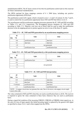 Rec. ITU-T G.709/Y.1331 (02/2012) 75
standardization (RES). The JC bytes consist of two bits for justification control and six bits reserved
for future international standardization.
The OPUk payload for these mappings consists of 4 × 3808 bytes, including one positive
justification opportunity (PJO) byte.
The justification control (JC) signal, which is located in rows 1, 2 and 3 of column 16, bits 7 and 8,
is used to control the two justification opportunity bytes NJO and PJO that follow in row 4.
The asynchronous and bit-synchronous mapping processes generate the JC, NJO and PJO according
to Tables 17-1 and 17-2, respectively. The de-mapping process interprets JC, NJO and PJO
according to Table 17-3. Majority vote (two out of three) shall be used to make the justification
decision in the de-mapping process to protect against an error in one of the three JC signals.
Table 17-1 − JC, NJO and PJO generation by an asynchronous mapping process
JC
bits 7 8
NJO PJO
0 0 justification byte data byte
0 1 data byte data byte
1 0 not generated
1 1 justification byte justification byte
Table 17-2 − JC, NJO and PJO generation by a bit-synchronous mapping process
JC
bits 7 8
NJO PJO
0 0 justification byte data byte
0 1
not generated1 0
1 1
Table 17-3 − JC, NJO and PJO interpretation
JC
bits 7 8
NJO PJO
0 0 justification byte data byte
0 1 data byte data byte
1 0 (Note) justification byte data byte
1 1 justification byte justification byte
NOTE – A mapper circuit does not generate this code. Due to bit errors a de-mapper circuit might
receive this code.
The value contained in NJO and PJO when they are used as justification bytes is all-0s. The receiver
is required to ignore the value contained in these bytes whenever they are used as justification
bytes.
During a signal fail condition of the incoming CBR2G5, CBR10G or CBR40G client signal (e.g., in
the case of a loss of input signal), this failed incoming signal is replaced by the generic-AIS signal
as specified in clause 16.6.1, and is then mapped into the OPUk.
 