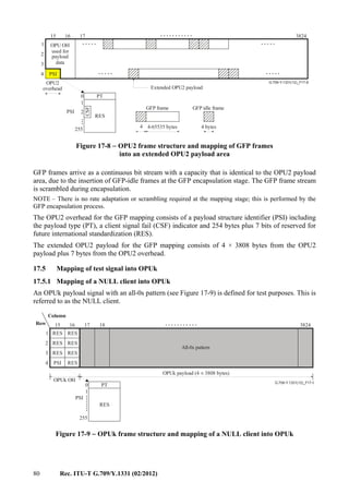 80 Rec. ITU-T G.709/Y.1331 (02/2012)
... G.709-Y.1331(12)_F17-8
..... .....
...........
..... .....
2
CSF
0
255
RES
PT
1
171615
1
2
3
4
3824
PSI
OPU2
overhead Extended OPU2 payload
GFP frame GFP idle frame
4-65535 bytes
PSI
4 4 bytes
OPU OH
used for
payload
data
Figure 17-8 − OPU2 frame structure and mapping of GFP frames
into an extended OPU2 payload area
GFP frames arrive as a continuous bit stream with a capacity that is identical to the OPU2 payload
area, due to the insertion of GFP-idle frames at the GFP encapsulation stage. The GFP frame stream
is scrambled during encapsulation.
NOTE – There is no rate adaptation or scrambling required at the mapping stage; this is performed by the
GFP encapsulation process.
The OPU2 overhead for the GFP mapping consists of a payload structure identifier (PSI) including
the payload type (PT), a client signal fail (CSF) indicator and 254 bytes plus 7 bits of reserved for
future international standardization (RES).
The extended OPU2 payload for the GFP mapping consists of 4 × 3808 bytes from the OPU2
payload plus 7 bytes from the OPU2 overhead.
17.5 Mapping of test signal into OPUk
17.5.1 Mapping of a NULL client into OPUk
An OPUk payload signal with an all-0s pattern (see Figure 17-9) is defined for test purposes. This is
referred to as the NULL client.
...........
........
G.709-Y.1331(12)_F17-9
0
255
RES
PT
1
17 181615
1
2
3
4
3824
Column
Row
RES
RES
RES
RES
RESRES
RESPSI
OPUk OH
OPUk payload (4 3808 bytes)×
PSI
All-0s pattern
Figure 17-9 − OPUk frame structure and mapping of a NULL client into OPUk
 