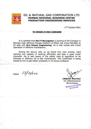 muru ongc expereance certificate