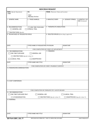 NEW DRUG REQUEST
THRU: (Specify Department)        TO:                            FROM: (Physician’s Name and Location)
 Chief
                                   Chief
                                   Pharmacy Services

1. GENERIC NAME                   2. TRADE NAME(S)               3. MANUFACTURER               4. DOSAGE FORM(S)      5. MONTHLY US-
                                                                                                                      AGE (Estimated)



6. RECOMMENDATIONS                    ONE TIME PURCHASE          7. THERAPEUTIC INDICATIONS
         GENERAL USE              CLINICAL TRIAL

    RESTRICTIONS (Specify)
8. ADVANTAGES OF REQUESTED DRUG                                  9. DELETED DRUGS (If new drug is approved)




DATE                              TYPED NAME OF REQUESTING PHYSICIAN                           SIGNATURE


                                           FOR COMPLETION BY CHIEF OF DEPARTMENT
10. RECOMMENDATIONS                                              11. REMARKS
       ONE TIME PURCHASE                  GENERAL USE

           RESTRICTIONS (Specify in Item 11)

       CLINICAL TRIAL                     DISAPPROVED

DATE                              TYPED NAME AND TITLE                                         SIGNATURE


                                         FOR COMPLETION BY CHIEF, PHARMACY SERVICE
12. REMARKS/RECOMMENDATIONS




13. COST COMPARISON




                                        FOR COMPLETION BY THERAPEUTIC AGENTS BOARD
14. RECOMMENDATIONS
       ONE TIME PURCHASE ONLY                      GENERAL USE                                  CLINICAL TRIAL

           STANDARDIZATION                              RESTRICTIONS (Specify in Item 15)           DISAPPROVED (Specify in Item 15)
15. REMARKS




DATE                              TYPED NAME AND TITLE                                         SIGNATURE


DD Form 2081, JUL 77                    REPLACES DA FORM 4181, 1 NOV 73, WHICH WILL BE USED.
                                                                                                         Reset
                                                                                                                        Adobe Professional 8.0
 