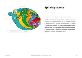 Spiral Dynamics www.spiraldynamics.org This framework is based in the original research and theory of developmental scholar Dr. Clare W. Graves. It explores what makes us different and alike at levels deeper than the demographics of age or gender, economics or ethnicities. With these insights, it is possible to build education, business, and governance systems which fit who people are better, and to help diverse people to find contexts of best fit. In addition, it offers a trajectory for change, both progressive and regressive in our search for congruence and fit 17/09/10 Designing Dublin 2.0 - Love the City 
