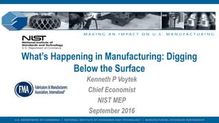 What’s Happening in Manufacturing: Digging
Below the Surface
Kenneth P Voytek
Chief Economist
NIST MEP
September 2016
 