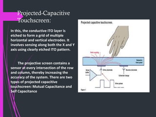 Projected-Capacitive
Touchscreen:
In this, the conductive ITO layer is
etched to form a grid of multiple
horizontal and vertical electrodes. It
involves sensing along both the X and Y
axis using clearly etched ITO pattern.
The projective screen contains a
sensor at every intersection of the row
and column, thereby increasing the
accuracy of the system. There are two
types of projected capacitive
touchscreen: Mutual Capacitance and
Self Capacitance
 