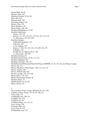 Sue Klefstad Sample Index for Outsider Baseball book Page 3
Boston Reds, 44, 46
Bourjos, Peter, 235
Bowman, Emmett, 78, 85, 86
Boyd, Bill, 225
Brennan, Jack, 226
Bresnahan, Roger, 132
Brewer, Chet, 194
Bronx Bombers, 185
Bronx Giants, 140, 146
Brooklyn Bridegrooms, 43, 44
Brooklyn Bushwicks
demise, 274, 275
players, 131, 161, 165, 167, 175, 251, 253, 274, 276
vs. other teams, 125, 253, 274
Brooklyn Dodgers
as Brooklyn Superbas, 125
Cuba tour, 108
to Los Angeles, 275
players, 3, 108, 152, 162, 165, 173, 205, 253, 257
as Robins, 149
STARS AL NL Millers (1911), 105
vs. other teams, 195, 247
Brooklyn Grooms, 64
Brooklyn Royal Giants, 78, 86, 112, 153
Brooklyn Superbas, 125
Brooklyn Tip-Tops, 124, 125
Brotherhood of Professional Base Ball Players (BPBBP), 41–42, 124. See also Players League
Brown, Joe, 273
Brown, Mordecai “Three Finger,” 108, 112, 124, 147
Brown, Tommy, 256
Brown, Willard, 208, 256
Browne, George, 229, 235, 236
Brush, John T., 42, 110
Brush Classification System, 42
Buckner, Harry, 77
Buffalo Bisons, 25, 49, 50
Burns, Oyster, 224
C
The California Winter League (McNeil), 92, 231, 294
Callahan, Jimmy “Nixey,” 87–95, 88, 108, 121
Calvo, Jack, 114
Campanella, Roy, 208, 211
Campbell, Vin, 235
Cantillon, Joe, 98
Caribbean Kings, 271, 272–73
Case, George, 234
Cavaretta, Phil, 223
Cavet, Pug, 99, 143
Chamberlain, Guy, 235
 