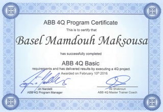 Basel Mamdouh Maksousa
Awarded on February 10th 2016
______________________
Ali Shakroun
ABB 4Q Master Trainer Coach
 