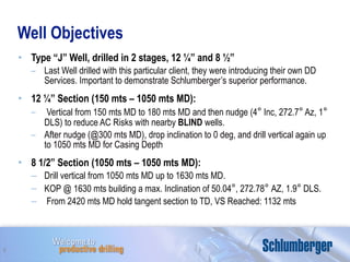 Well Objectives Type “J” Well, drilled in 2 stages, 12 ¼” and 8 ½” Last Well drilled with this particular client, they were introducing their own DD Services. Important to demonstrate Schlumberger’s superior performance. 12 ¼” Section (150 mts – 1050 mts MD): Vertical from 150 mts MD to 180 mts MD and then nudge (4 °  Inc, 272.7 °  Az, 1 °  DLS) to reduce AC Risks with nearby  BLIND  wells. After nudge (@300 mts MD), drop inclination to 0 deg, and drill vertical again up to 1050 mts MD for Casing Depth  8 1/2” Section (1050 mts – 1050 mts MD): Drill vertical from 1050 mts MD up to 1630 mts MD. KOP @ 1630 mts building a max. Inclination of 50.04 ° , 272.78 °  AZ, 1.9 °  DLS.  From 2420 mts MD hold tangent section to TD, VS Reached: 1132 mts 