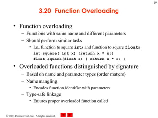 © 2003 Prentice Hall, Inc. All rights reserved.
19
3.20 Function Overloading
• Function overloading
– Functions with same name and different parameters
– Should perform similar tasks
• I.e., function to square ints and function to square floats
int square( int x) {return x * x;}
float square(float x) { return x * x; }
• Overloaded functions distinguished by signature
– Based on name and parameter types (order matters)
– Name mangling
• Encodes function identifier with parameters
– Type-safe linkage
• Ensures proper overloaded function called
 