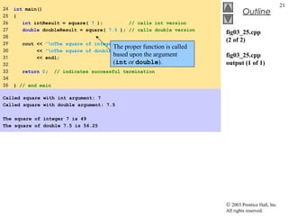 © 2003 Prentice Hall, Inc.
All rights reserved.
Outline
21
fig03_25.cpp
(2 of 2)
fig03_25.cpp
output (1 of 1)
24 int main()
25 {
26 int intResult = square( 7 ); // calls int version
27 double doubleResult = square( 7.5 ); // calls double version
28
29 cout << "nThe square of integer 7 is " << intResult
30 << "nThe square of double 7.5 is " << doubleResult
31 << endl;
32
33 return 0; // indicates successful termination
34
35 } // end main
Called square with int argument: 7
Called square with double argument: 7.5
The square of integer 7 is 49
The square of double 7.5 is 56.25
The proper function is called
based upon the argument
(int or double).
 