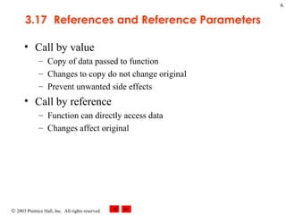 © 2003 Prentice Hall, Inc. All rights reserved.
6
3.17 References and Reference Parameters
• Call by value
– Copy of data passed to function
– Changes to copy do not change original
– Prevent unwanted side effects
• Call by reference
– Function can directly access data
– Changes affect original
 