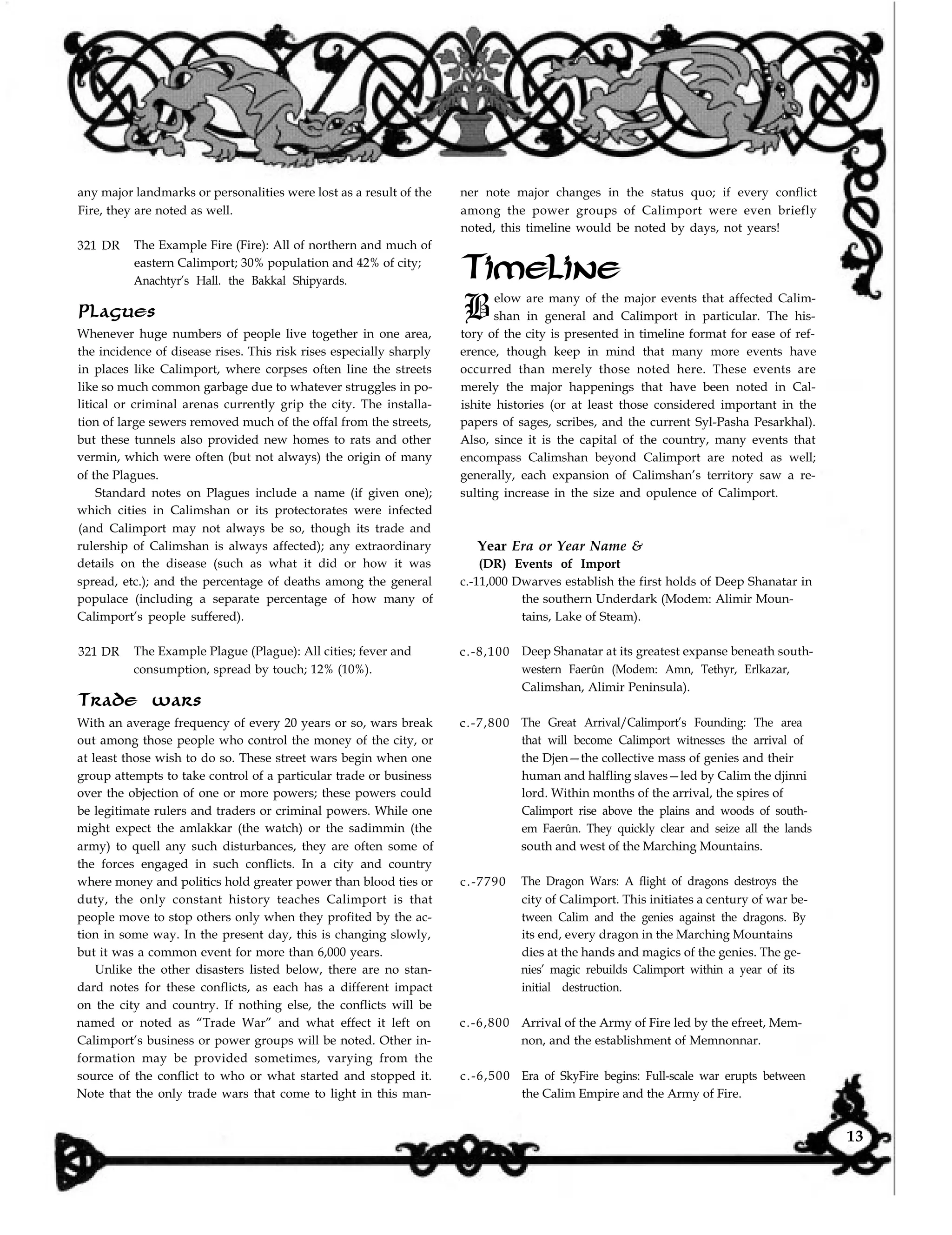 any major landmarks or personalities were lost as a result of the
Fire, they are noted as well.
321 DR The Example Fire (Fire): All of northern and much of
eastern Calimport; 30% population and 42% of city;
Anachtyr’s Hall. the Bakkal Shipyards.
Plagues
Whenever huge numbers of people live together in one area,
the incidence of disease rises. This risk rises especially sharply
in places like Calimport, where corpses often line the streets
like so much common garbage due to whatever struggles in po-
litical or criminal arenas currently grip the city. The installa-
tion of large sewers removed much of the offal from the streets,
but these tunnels also provided new homes to rats and other
vermin, which were often (but not always) the origin of many
of the Plagues.
Standard notes on Plagues include a name (if given one);
which cities in Calimshan or its protectorates were infected
(and Calimport may not always be so, though its trade and
rulership of Calimshan is always affected); any extraordinary
details on the disease (such as what it did or how it was
spread, etc.); and the percentage of deaths among the general
populace (including a separate percentage of how many of
Calimport’s people suffered).
321 DR The Example Plague (Plague): All cities; fever and
consumption, spread by touch; 12% (10%).
Trade wars
With an average frequency of every 20 years or so, wars break
out among those people who control the money of the city, or
at least those wish to do so. These street wars begin when one
group attempts to take control of a particular trade or business
over the objection of one or more powers; these powers could
be legitimate rulers and traders or criminal powers. While one
might expect the amlakkar (the watch) or the sadimmin (the
army) to quell any such disturbances, they are often some of
the forces engaged in such conflicts. In a city and country
where money and politics hold greater power than blood ties or
duty, the only constant history teaches Calimport is that
people move to stop others only when they profited by the ac-
tion in some way. In the present day, this is changing slowly,
but it was a common event for more than 6,000 years.
Unlike the other disasters listed below, there are no stan-
dard notes for these conflicts, as each has a different impact
on the city and country. If nothing else, the conflicts will be
named or noted as “Trade War” and what effect it left on
Calimport’s business or power groups will be noted. Other in-
formation may be provided sometimes, varying from the
source of the conflict to who or what started and stopped it.
Note that the only trade wars that come to light in this man-
ner note major changes in the status quo; if every conflict
among the power groups of Calimport were even briefly
noted, this timeline would be noted by days, not years!
Timeline
Below are many of the major events that affected Calim-
shan in general and Calimport in particular. The his-
tory of the city is presented in timeline format for ease of ref-
erence, though keep in mind that many more events have
occurred than merely those noted here. These events are
merely the major happenings that have been noted in Cal-
ishite histories (or at least those considered important in the
papers of sages, scribes, and the current Syl-Pasha Pesarkhal).
Also, since it is the capital of the country, many events that
encompass Calimshan beyond Calimport are noted as well;
generally, each expansion of Calimshan’s territory saw a re-
sulting increase in the size and opulence of Calimport.
Year Era or Year Name &
(DR) Events of Import
c.-11,000 Dwarves establish the first holds of Deep Shanatar in
the southern Underdark (Modem: Alimir Moun-
tains, Lake of Steam).
c.-8,100 Deep Shanatar at its greatest expanse beneath south-
western Faerûn (Modem: Amn, Tethyr, Erlkazar,
Calimshan, Alimir Peninsula).
c.-7,800 The Great Arrival/Calimport’s Founding: The area
that will become Calimport witnesses the arrival of
the Djen—the collective mass of genies and their
human and halfling slaves—led by Calim the djinni
lord. Within months of the arrival, the spires of
Calimport rise above the plains and woods of south-
em Faerûn. They quickly clear and seize all the lands
south and west of the Marching Mountains.
c.-7790 The Dragon Wars: A flight of dragons destroys the
city of Calimport. This initiates a century of war be-
tween Calim and the genies against the dragons. By
its end, every dragon in the Marching Mountains
dies at the hands and magics of the genies. The ge-
nies’ magic rebuilds Calimport within a year of its
initial destruction.
c.-6,800 Arrival of the Army of Fire led by the efreet, Mem-
non, and the establishment of Memnonnar.
c.-6,500 Era of SkyFire begins: Full-scale war erupts between
the Calim Empire and the Army of Fire.
13
 