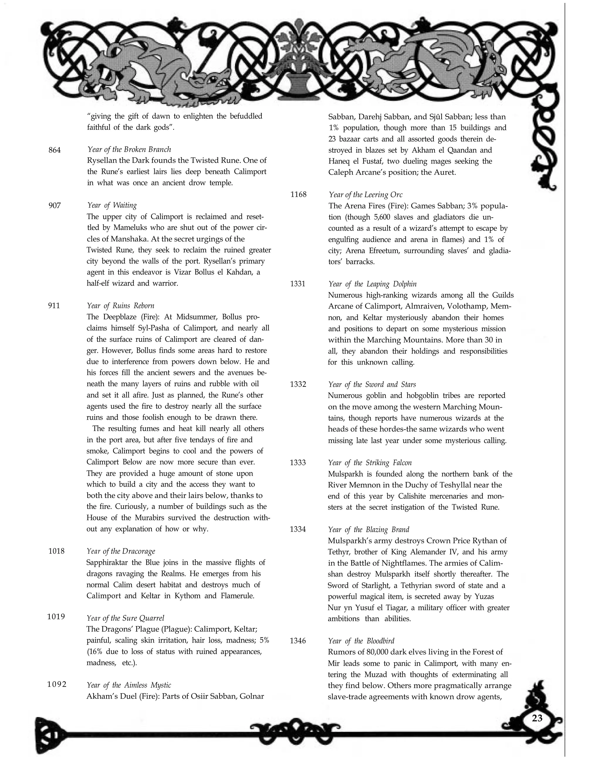 864
907
911
1018
“giving the gift of dawn to enlighten the befuddled
faithful of the dark gods”.
Year of the Broken Branch
Rysellan the Dark founds the Twisted Rune. One of
the Rune’s earliest lairs lies deep beneath Calimport
in what was once an ancient drow temple.
Year of Waiting
The upper city of Calimport is reclaimed and reset-
tled by Mameluks who are shut out of the power cir-
cles of Manshaka. At the secret urgings of the
Twisted Rune, they seek to reclaim the ruined greater
city beyond the walls of the port. Rysellan’s primary
agent in this endeavor is Vizar Bollus el Kahdan, a
half-elf wizard and warrior.
Year of Ruins Reborn
The Deepblaze (Fire): At Midsummer, Bollus pro-
claims himself Syl-Pasha of Calimport, and nearly all
of the surface ruins of Calimport are cleared of dan-
ger. However, Bollus finds some areas hard to restore
due to interference from powers down below. He and
his forces fill the ancient sewers and the avenues be-
neath the many layers of ruins and rubble with oil
and set it all afire. Just as planned, the Rune’s other
agents used the fire to destroy nearly all the surface
ruins and those foolish enough to be drawn there.
The resulting fumes and heat kill nearly all others
in the port area, but after five tendays of fire and
smoke, Calimport begins to cool and the powers of
Calimport Below are now more secure than ever.
They are provided a huge amount of stone upon
which to build a city and the access they want to
both the city above and their lairs below, thanks to
the fire. Curiously, a number of buildings such as the
House of the Murabirs survived the destruction with-
out any explanation of how or why.
Year of the Dracorage
Sapphiraktar the Blue joins in the massive flights of
dragons ravaging the Realms. He emerges from his
normal Calim desert habitat and destroys much of
Calimport and Keltar in Kythom and Flamerule.
1019 Year of the Sure Quarrel
The Dragons’ Plague (Plague): Calimport, Keltar;
painful, scaling skin irritation, hair loss, madness; 5%
(16% due to loss of status with ruined appearances,
madness, etc.).
1092 Year of the Aimless Mystic
Akham’s Duel (Fire): Parts of Osiir Sabban, Golnar
1168 Year of the Leering Orc
The Arena Fires (Fire): Games Sabban; 3% popula-
tion (though 5,600 slaves and gladiators die un-
counted as a result of a wizard’s attempt to escape by
engulfing audience and arena in flames) and 1% of
city; Arena Efreetum, surrounding slaves’ and gladia-
tors’ barracks.
1331 Year of the Leaping Dolphin
Numerous high-ranking wizards among all the Guilds
Arcane of Calimport, Almraiven, Volothamp, Mem-
non, and Keltar mysteriously abandon their homes
and positions to depart on some mysterious mission
within the Marching Mountains. More than 30 in
all, they abandon their holdings and responsibilities
for this unknown calling.
1332 Year of the Sword and Stars
Numerous goblin and hobgoblin tribes are reported
on the move among the western Marching Moun-
tains, though reports have numerous wizards at the
heads of these hordes-the same wizards who went
missing late last year under some mysterious calling.
1333 Year of the Striking Falcon
Mulsparkh is founded along the northern bank of the
River Memnon in the Duchy of Teshyllal near the
end of this year by Calishite mercenaries and mon-
sters at the secret instigation of the Twisted Rune.
1334 Year of the Blazing Brand
Mulsparkh’s army destroys Crown Price Rythan of
Tethyr, brother of King Alemander IV, and his army
in the Battle of Nightflames. The armies of Calim-
shan destroy Mulsparkh itself shortly thereafter. The
Sword of Starlight, a Tethyrian sword of state and a
powerful magical item, is secreted away by Yuzas
Nur yn Yusuf el Tiagar, a military officer with greater
ambitions than abilities.
1346 Year of the Bloodbird
Sabban, Darehj Sabban, and Sjûl Sabban; less than
1% population, though more than 15 buildings and
23 bazaar carts and all assorted goods therein de-
stroyed in blazes set by Akham el Qaandan and
Haneq el Fustaf, two dueling mages seeking the
Caleph Arcane’s position; the Auret.
Rumors of 80,000 dark elves living in the Forest of
Mir leads some to panic in Calimport, with many en-
tering the Muzad with thoughts of exterminating all
they find below. Others more pragmatically arrange
slave-trade agreements with known drow agents,
23
 