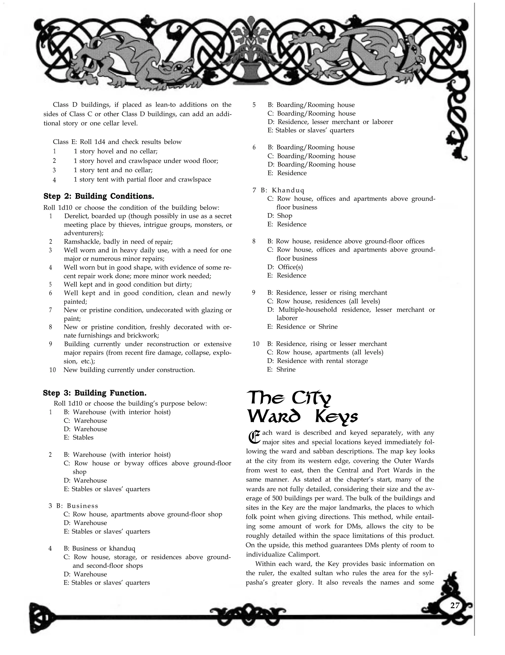 Class D buildings, if placed as lean-to additions on the
sides of Class C or other Class D buildings, can add an addi-
tional story or one cellar level.
Class E: Roll 1d4 and check results below
1 1 story hovel and no cellar;
2 1 story hovel and crawlspace under wood floor;
3 1 story tent and no cellar;
4 1 story tent with partial floor and crawlspace
Step 2: Building Conditions.
Roll 1d10 or choose the condition of the building below:
1 Derelict, boarded up (though possibly in use as a secret
meeting place by thieves, intrigue groups, monsters, or
adventurers);
2 Ramshackle, badly in need of repair;
3 Well worn and in heavy daily use, with a need for one
major or numerous minor repairs;
4 Well worn but in good shape, with evidence of some re-
cent repair work done; more minor work needed;
5 Well kept and in good condition but dirty;
6 Well kept and in good condition, clean and newly
painted;
7 New or pristine condition, undecorated with glazing or
paint;
8 New or pristine condition, freshly decorated with or-
nate furnishings and brickwork;
9 Building currently under reconstruction or extensive
major repairs (from recent fire damage, collapse, explo-
sion, etc.);
10 New building currently under construction.
Step 3: Building Function.
Roll 1d10 or choose the building’s purpose below:
1 B: Warehouse (with interior hoist)
C: Warehouse
D: Warehouse
E: Stables
5 B: Boarding/Rooming house
C: Boarding/Rooming house
D: Residence, lesser merchant or laborer
E: Stables or slaves’ quarters
6 B: Boarding/Rooming house
C: Boarding/Rooming house
D: Boarding/Rooming house
E: Residence
7 B: Khanduq
C: Row house, offices and apartments above ground-
floor business
D: Shop
E: Residence
8 B: Row house, residence above ground-floor offices
C: Row house, offices and apartments above ground-
floor business
D: Office(s)
E: Residence
9 B: Residence, lesser or rising merchant
C: Row house, residences (all levels)
D: Multiple-household residence, lesser merchant or
laborer
E: Residence or Shrine
10 B: Residence, rising or lesser merchant
C: Row house, apartments (all levels)
D: Residence with rental storage
E: Shrine
The City
Ward Keys
Each ward is described and keyed separately, with any
major sites and special locations keyed immediately fol-
lowing the ward and sabban descriptions. The map key looks
at the city from its western edge, covering the Outer Wards
from west to east, then the Central and Port Wards in the
same manner. As stated at the chapter’s start, many of the
wards are not fully detailed, considering their size and the av-
erage of 500 buildings per ward. The bulk of the buildings and
sites in the Key are the major landmarks, the places to which
folk point when giving directions. This method, while entail-
ing some amount of work for DMs, allows the city to be
roughly detailed within the space limitations of this product.
On the upside, this method guarantees DMs plenty of room to
individualize Calimport.
Within each ward, the Key provides basic information on
the ruler, the exalted sultan who rules the area for the syl-
pasha’s greater glory. It also reveals the names and some
2 B: Warehouse (with interior hoist)
C: Row house or byway offices above ground-floor
shop
D: Warehouse
E: Stables or slaves’ quarters
3 B: Business
C: Row house, apartments above ground-floor shop
D: Warehouse
E: Stables or slaves’ quarters
4 B: Business or khanduq
C: Row house, storage, or residences above ground-
and second-floor shops
D: Warehouse
E: Stables or slaves’ quarters
27
 