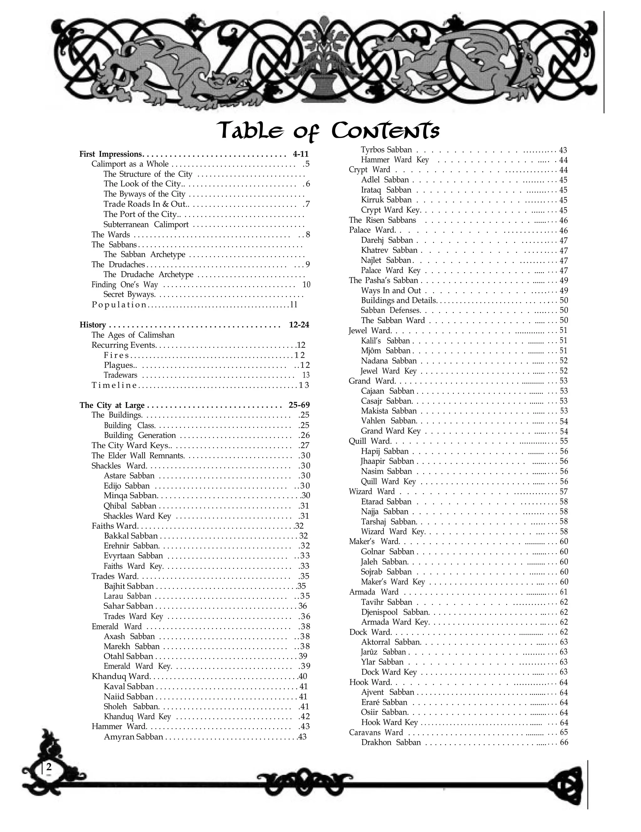 Table of Contents
First Impressions. . . . . . . . . . . . . . . . . . . . . . . . . . . . . . . . 4-11
Calimport as a Whole . . . . . . . . . . . . . . . . . . . . . . . . . . . . . . . .5
The Structure of the City . . . . . . . . . . . . . . . . . . . . . . . . . . .
The Look of the City.. . . . . . . . . . . . . . . . . . . . . . . . . . . . . 6
The Byways of the City . . . . . . . . . . . . . . . . . . . . . . . . . . . . .
Trade Roads In & Out.. . . . . . . . . . . . . . . . . . . . . . . . . . . .7
The Port of the City.. . . . . . . . . . . . . . . . . . . . . . . . . . . . . . .
Subterranean Calimport . . . . . . . . . . . . . . . . . . . . . . . . . . . .
The Wards . . . . . . . . . . . . . . . . . . . . . . . . . . . . . . . . . . . . . . . . . 8
The Sabbans. . . . . . . . . . . . . . . . . . . . . . . . . . . . . . . . . . . . . . . . .
The Sabban Archetype . . . . . . . . . . . . . . . . . . . . . . . . . . . . .
The Drudaches . . . . . . . . . . . . . . . . . . . . . . . . . . . . . . . . . . . . . . 9
The Drudache Archetype . . . . . . . . . . . . . . . . . . . . . . . . . . .
Finding One’s Way . . . . . . . . . . . . . . . . . . . . . . . . . . . . . . . . . 10
Secret Byways. . . . . . . . . . . . . . . . . . . . . . . . . . . . . . . . . . . . .
P o p u l a t i o n . . . . . . . . . . . . . . . . . . . . . . . . . . . . . . . . . . . . . . . . l l
History . . . . . . . . . . . . . . . . . . . . . . . . . . . . . . . . . . . . . . 12-24
The Ages of Calimshan
Recurring Events. . . . . . . . . . . . . . . . . . . . . . . . . . . . . . . . . . .12
F i r e s . . . . . . . . . . . . . . . . . . . . . . . . . . . . . . . . . . . . . . . . . . . 1 2
Plagues.. . . . . . . . . . . . . . . . . . . . . . . . . . . . . . . . . . . . . ..12
Tradewars . . . . . . . . . . . . . . . . . . . . . . . . . . . . . . . . . . . . . . 13
T i m e l i n e . . . . . . . . . . . . . . . . . . . . . . . . . . . . . . . . . . . . . . . . . . 1 3
The City at Large . . . . . . . . . . . . . . . . . . . . . . . . . . . . . . 25-69
The Buildings. . . . . . . . . . . . . . . . . . . . . . . . . . . . . . . . . . . . . .25
Building Class. . . . . . . . . . . . . . . . . . . . . . . . . . . . . . . . . . .25
Building Generation . . . . . . . . . . . . . . . . . . . . . . . . . . . . .26
The City Ward Keys.. . . . . . . . . . . . . . . . . . . . . . . . . . . . . . .27
The Elder Wall Remnants. . . . . . . . . . . . . . . . . . . . . . . . . . . .30
Shackles Ward. . . . . . . . . . . . . . . . . . . . . . . . . . . . . . . . . . . . .30
Astare Sabban . . . . . . . . . . . . . . . . . . . . . . . . . . . . . . . . . .30
Edijo Sabban . . . . . . . . . . . . . . . . . . . . . . . . . . . . . . . . . ..30
Minqa Sabban. . . . . . . . . . . . . . . . . . . . . . . . . . . . . . . . . .30
Qhibal Sabban . . . . . . . . . . . . . . . . . . . . . . . . . . . . . . . . . .31
Shackles Ward Key . . . . . . . . . . . . . . . . . . . . . . . . . . . . . .31
Faiths Ward. . . . . . . . . . . . . . . . . . . . . . . . . . . . . . . . . . . . . . .32
Bakkal Sabban . . . . . . . . . . . . . . . . . . . . . . . . . . . . . . . . . . 32
Erehnir Sabban. . . . . . . . . . . . . . . . . . . . . . . . . . . . . . . . . .32
Evyrtaan Sabban . . . . . . . . . . . . . . . . . . . . . . . . . . . . . . ..33
Faiths Ward Key. . . . . . . . . . . . . . . . . . . . . . . . . . . . . . . . .33
Trades Ward. . . . . . . . . . . . . . . . . . . . . . . . . . . . . . . . . . . . . . .35
Bajhit Sabban . . . . . . . . . . . . . . . . . . . . . . . . . . . . . . . . . . .35
Larau Sabban . . . . . . . . . . . . . . . . . . . . . . . . . . . . . . . . . ..35
Sahar Sabban . . . . . . . . . . . . . . . . . . . . . . . . . . . . . . . . . . . 36
Trades Ward Key . . . . . . . . . . . . . . . . . . . . . . . . . . . . . . . .36
Emerald Ward . . . . . . . . . . . . . . . . . . . . . . . . . . . . . . . . . . . . .38
Axash Sabban . . . . . . . . . . . . . . . . . . . . . . . . . . . . . . . . ..38
Marekh Sabban . . . . . . . . . . . . . . . . . . . . . . . . . . . . . . . ..38
Otahl Sabban . . . . . . . . . . . . . . . . . . . . . . . . . . . . . . . . . . . 39
Emerald Ward Key. . . . . . . . . . . . . . . . . . . . . . . . . . . . . . .39
Khanduq Ward. . . . . . . . . . . . . . . . . . . . . . . . . . . . . . . . . . . . .40
Kaval Sabban . . . . . . . . . . . . . . . . . . . . . . . . . . . . . . . . . . . 41
Naiid Sabban . . . . . . . . . . . . . . . . . . . . . . . . . . . . . . . . . . . 41
Sholeh Sabban. . . . . . . . . . . . . . . . . . . . . . . . . . . . . . . . . .41
Khanduq Ward Key . . . . . . . . . . . . . . . . . . . . . . . . . . . . . .42
Hammer Ward. . . . . . . . . . . . . . . . . . . . . . . . . . . . . . . . . . . . .43
Amyran Sabban . . . . . . . . . . . . . . . . . . . . . . . . . . . . . . . . .43
Tyrbos Sabban . . . . . . . . . . . . . . ........
Hammer Ward Key . . . . . . . . . . . . . . . ....
Crypt Ward . . . . . . . . . . . . . . . . . . . . . . . . . .
Adlel Sabban . . . . . . . . . . . . . . . . ........
Irataq Sabban . . . . . . . . . . . . . . . . ........
Kirruk Sabban . . . . . . . . . . . . . . . .......
Crypt Ward Key. . . . . . . . . . . . . . . . . ......
The Risen Sabbans . . . . . . . . . . . . . . . . . ......
Palace Ward. . . . . . . . . . . . . . . . . . . . . . . .
Darehj Sabban . . . . . . . . . . . . . . . . . . . .
Khatrev Sabban . . . . . . . . . . . . . . . . . .
Najlet Sabban. . . . . . . . . . . . . . ........
Palace Ward Key . . . . . . . . . . . . . . . . . .....
The Pasha’s Sabban . . . . . . . . . . . . . . . . . . . . ......
Ways In and Out . . . . . . . . . . . . . . .....
Buildings and Details. . . . . . . . . . . . . . . . . . . . . . . . . . . .
Sabban Defenses. . . . . . . . . . . . . . . . . .....
The Sabban Ward . . . . . . . . . . . . . . . . . .....
Jewel Ward. . . . . . . . . . . . . . . . . . . .............
Kalil’s Sabban . . . . . . . . . . . . . . . . . . ........
Mjôm Sabban . . . . . . . . . . . . . . . . . . ........
Nadana Sabban . . . . . . . . . . . . . . . . . . . ......
Jewel Ward Key . . . . . . . . . . . . . . . . . . . . . . ......
Grand Ward. . . . . . . . . . . . . . . . . . . . . . . . . ...........
Cajaan Sabban . . . . . . . . . . . . . . . . . . . . . . .......
Casajr Sabban. . . . . . . . . . . . . . . . . . . . . . .......
Makista Sabban . . . . . . . . . . . . . . . . . . . . ......
Vahlen Sabban. . . . . . . . . . . . . . . . . . . . ......
Grand Ward Key . . . . . . . . . . . . . . . . . . ......
Quill Ward. . . . . . . . . . . . . . . . . . . ............
Hapij Sabban . . . . . . . . . . . . . . . . . . ........
Jhaapir Sabban . . . . . . . . . . . . . . . . . . . . .......
Nasim Sabban . . . . . . . . . . . . . . . . . . . .......
Quill Ward Key . . . . . . . . . . . . . . . . . . . . . . ......
Wizard Ward . . . . . . . . . . . . . . . ...........
Etarad Sabban . . . . . . . . . . . . . . . . . . . .
Najja Sabban . . . . . . . . . . . . . . . . ........
Tarshaj Sabban. . . . . . . . . . . . . . . . . ......
Wizard Ward Key. . . . . . . . . . . . . . . . . ....
Maker’s Ward. . . . . . . . . . . . . . . . . . . . ..........
Golnar Sabban . . . . . . . . . . . . . . . . . . . .......
Jaleh Sabban. . . . . . . . . . . . . . . . . . . .........
Sojrab Sabban . . . . . . . . . . . . . . . . . .......
Maker’s Ward Key . . . . . . . . . . . . . . . . . . . . . ....
Armada Ward . . . . . . . . . . . . . . . . . . . . . . . ..........
Tavihr Sabban . . . . . . . . . . . . . ...........
Djenispool Sabban. . . . . . . . . . . . . . . . . . . . . . ...
Armada Ward Key. . . . . . . . . . . . . . . . . . . . . . . ...
Dock Ward. . . . . . . . . . . . . . . . . . . . . . . . ............
Aktorral Sabban. . . . . . . . . . . . . . . . . . . . .....
Jarûz Sabban . . . . . . . . . . . . . . . . . .........
Ylar Sabban . . . . . . . . . . . . . . . .........
Dock Ward Key . . . . . . . . . . . . . . . . . . . . . . . ......
Hook Ward. . . . . . . . . . . . . . . . . ............
Ajvent Sabban . . . . . . . . . . . . . . . . . . . . . . . . . . ........
Eraré Sabban . . . . . . . . . . . . . . . . . . . . . ........
Osiir Sabban. . . . . . . . . . . . . . . . . . . . . . ........
Hook Ward Key . . . . . . . . . . . . . . . . . . . . . . . . . . . . . . .......
Caravans Ward . . . . . . . . . . . . . . . . . . . . . . . . . .........
Drakhon Sabban . . . . . . . . . . . . . . . . . . . . . . . .....
. . . 43
. . 44
. . . 44
. . . 45
. . . 45
. . . 45
. . . 45
. . . 46
. . . 46
. . . 47
. . . 47
. . . 47
. . . 47
. . . 49
. . . 49
. . . 50
. . . 50
. . . 50
. . . 51
. . . 51
. . . 51
. . . 52
. . . 52
. . . 53
. . . 53
. . . 53
. . . 53
. . . 54
. . . 54
. . . 55
. . . 56
. . . 56
. . . 56
. . . 56
. . . 57
. . . 58
. . . 58
. . . 58
. . . 58
. . . 60
. . . 60
. . . 60
. . . 60
. . . 60
. . . 61
. . . 62
. . . 62
. . . 62
. . . 62
. . . 63
. . . 63
. . . 63
. . . 63
. . . 64
. . . 64
. . . 64
. . . 64
. . . 64
. . . 65
. . . 66
2
 