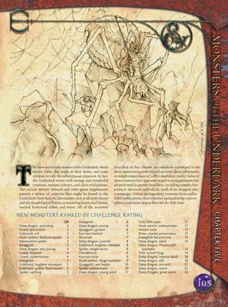 hedrowarenotsolemastersoftheUnderdark.Many
terrors claim this realm as their home, and some
compete to rule the subterranean expanses. In fact,
the Underdark teems with strange and wonderful
creatures, ancient cultures, and alien civilizations.
The various Monster Manuals and other game supplements
present a variety of creatures that might be found in the
Underdark, from horriﬁc aberrations such as aboleth slavers
and the dreaded mind ﬂayers, to tunneling beasts, foul slimes,
warped humanoid tribes, and worse. All of the monsters
described in this chapter are somehow connected to the
drow,representingminionsandservants,slaves,adversaries,
or simply expressions of Lolth’s depthless cruelty. Some of
these creatures have appeared in previous supplements but
are presented in greater detail here, including sample char-
acters or advanced individuals, ready to be dropped into
a campaign. Others are legendary creatures from earlier
D&D publications, their statistics updated to the current
edition, and many appear here for the ﬁrst time.
105
Illus.byW.O’ConnorIllus.byW.O’Connor
CR
Deep dragon, wyrmling 2
Lizard, quicksilver 2
Gobinoid, vril 2
Husk vermin, Medium spider 2
Adamantine spider 3
Quaggoth 3
Deep dragon, very young 4
Lizard, footpad 4
Lizard, subterranean 4
Draegloth 5
Goblinoid, bugbear stonejack 5
Goblinoid, goblin flesh-herder 5
Spider, spitting 5
Draegloth 6
Deep dragon, young 6
Quaggoth, greater 6
Kuo-toa monitor 7
Shunned 7
Deep dragon, juvenile 8
Goblinoid, bugbear overseer 8
Spider, tangle terror 8
Chwidencha 9
Kuo-toa whip 9
Husk vermin, Huge scorpion 9
Quaggoth, war leader 10
Spider, widowmaker 10
Deep dragon, young adult 11
Troll, filth-eater 11
Husk vermin, widowmaker 11
Venom ooze 12
Drow, szarkai provocateur 13
Draegloth favored one 14
Deep dragon, adult 14
Deep dragon, Phazeuroth
(sample) 14
Troll, tunnel thug 14
Deep dragon, mature adult 16
Deep dragon, old 18
Deep dragon, ancient 21
Deep dragon, wyrm 22
Deep Dragon, great wyrm 24
NEW MONSTERS RANKED BY CHALLENGE RATING
 